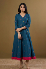 Blueberry Bloom Motifs Long Maxi Dress With Sleeves