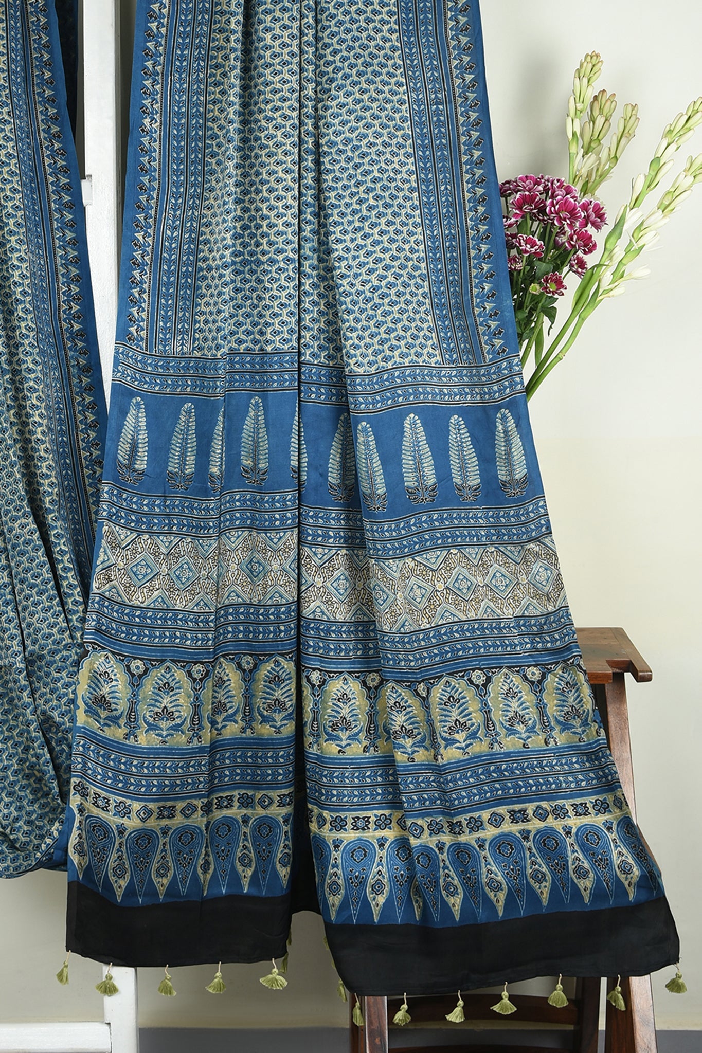 ajrakh modal silk sarees - mughal garden & indigo treasures