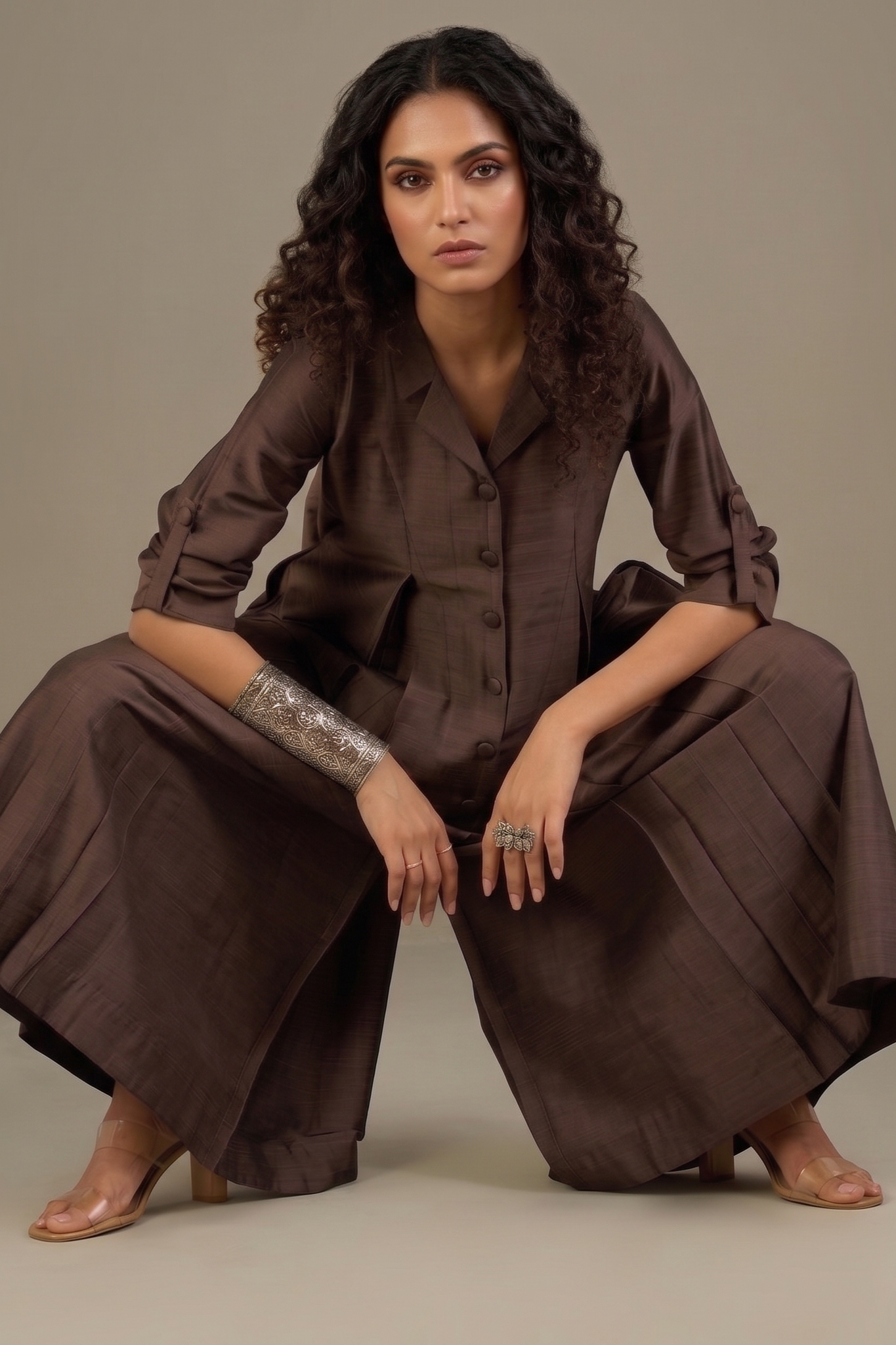 Coffee Bean Silk Slub Jumpsuit with Pockets & Collar