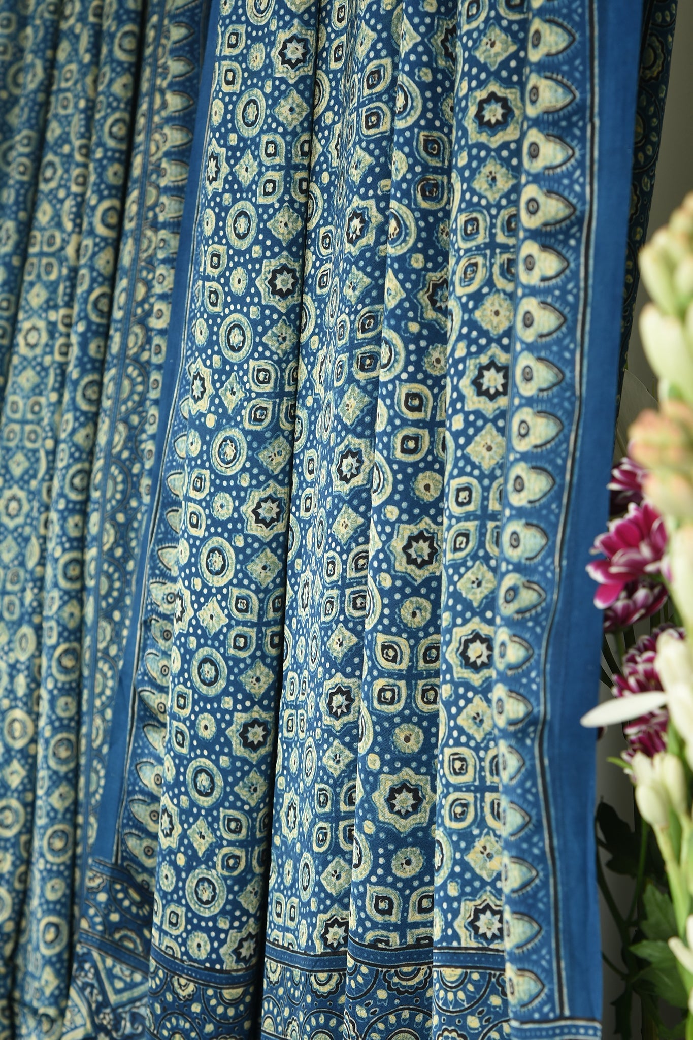 ajrakh modal silk sarees - azure twilight & gold hues