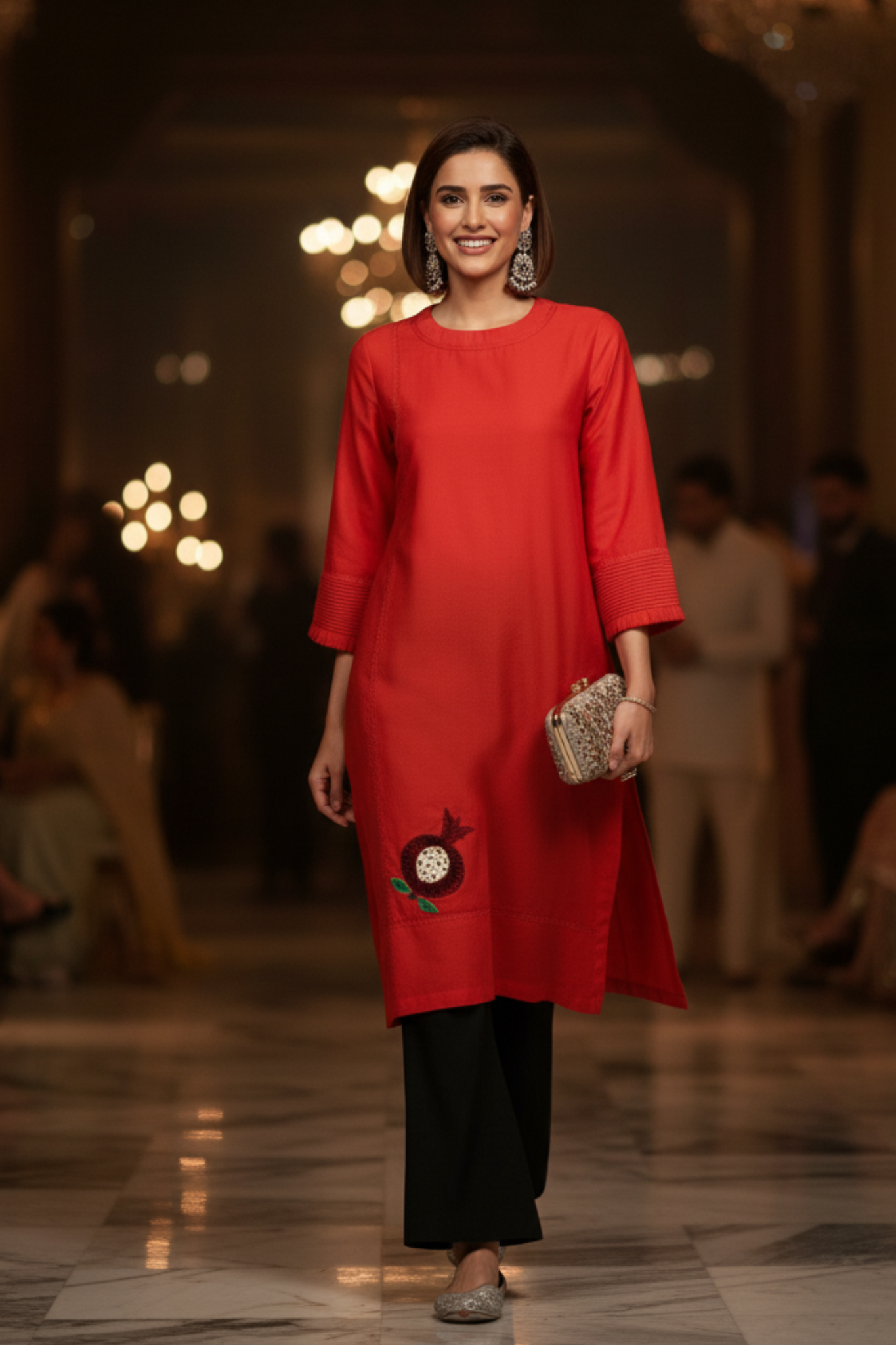 chanderi silk pleated low slit kurta with pockets & sleeve details - ruby red & pomegranate poetry