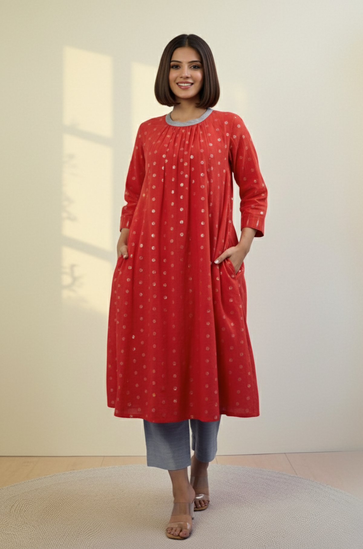 Crimson Spark Cotton Crew Neck Gather Dress