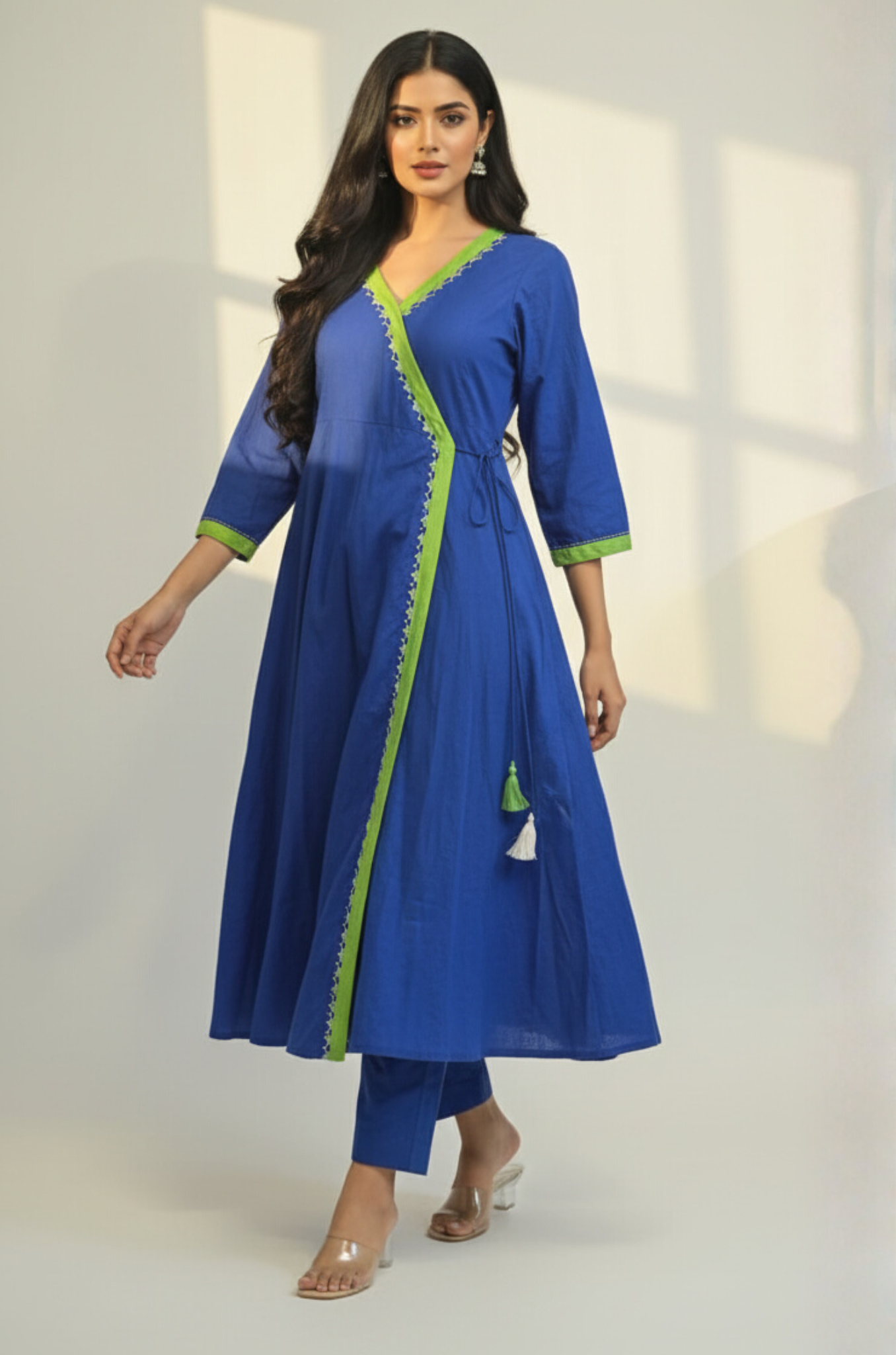 Lime Lagoon Tie-Up Cotton Angrakha Kurta