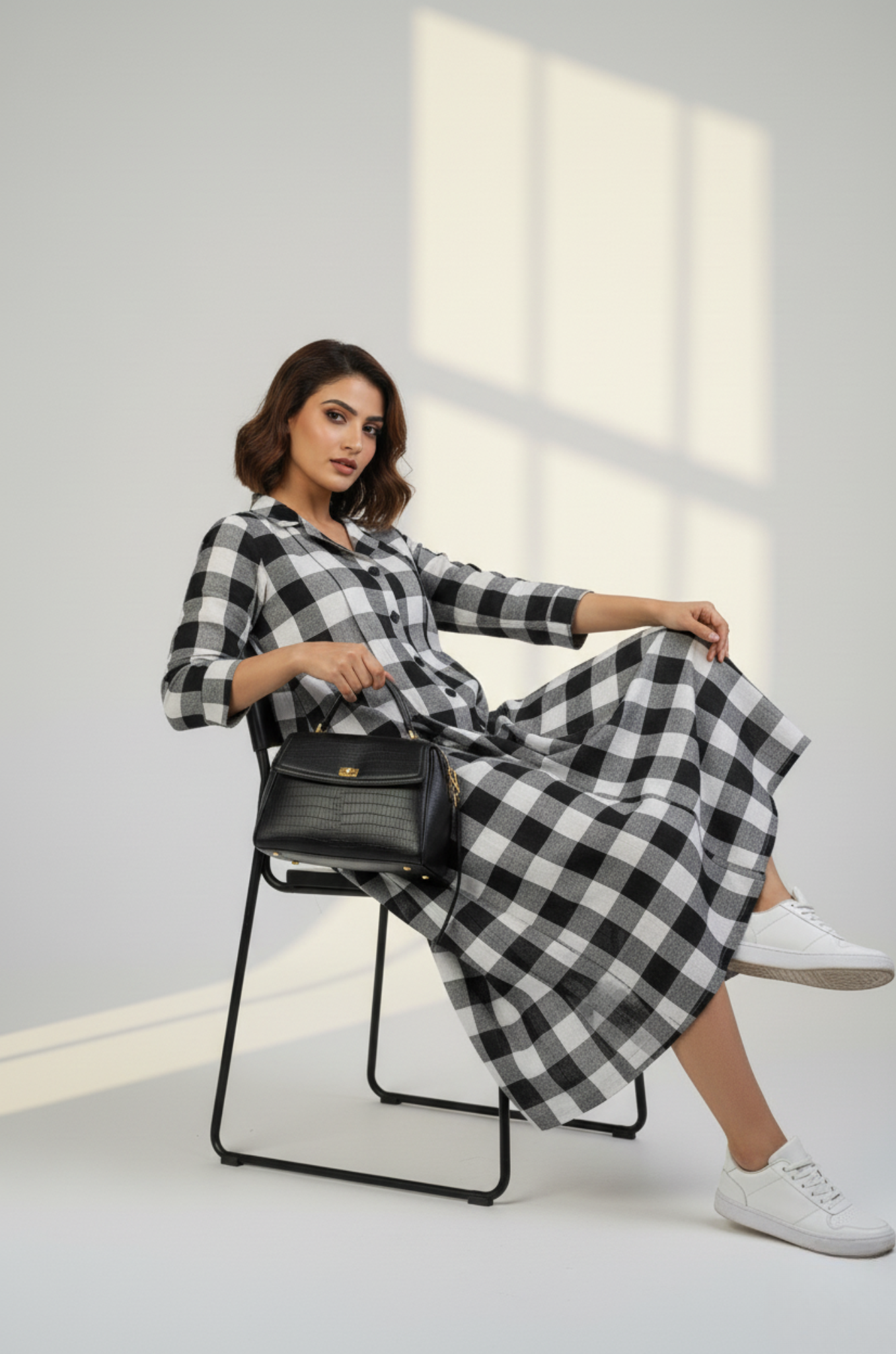 Chessboard Charm Cotton Jumpsuit with Pockets & Collar