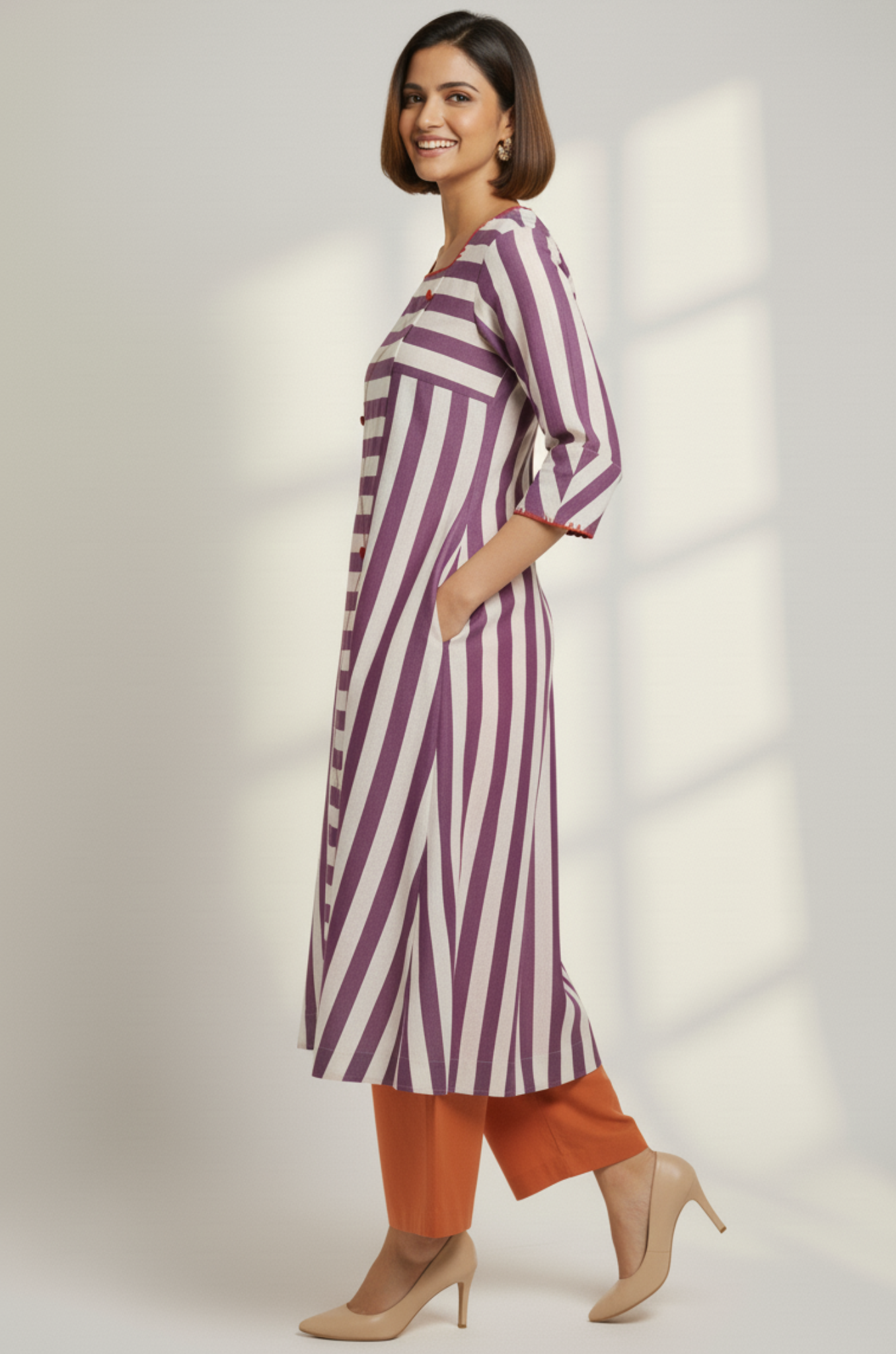 Lavender Stride Cotton Square Neck Panelled Long Kurta