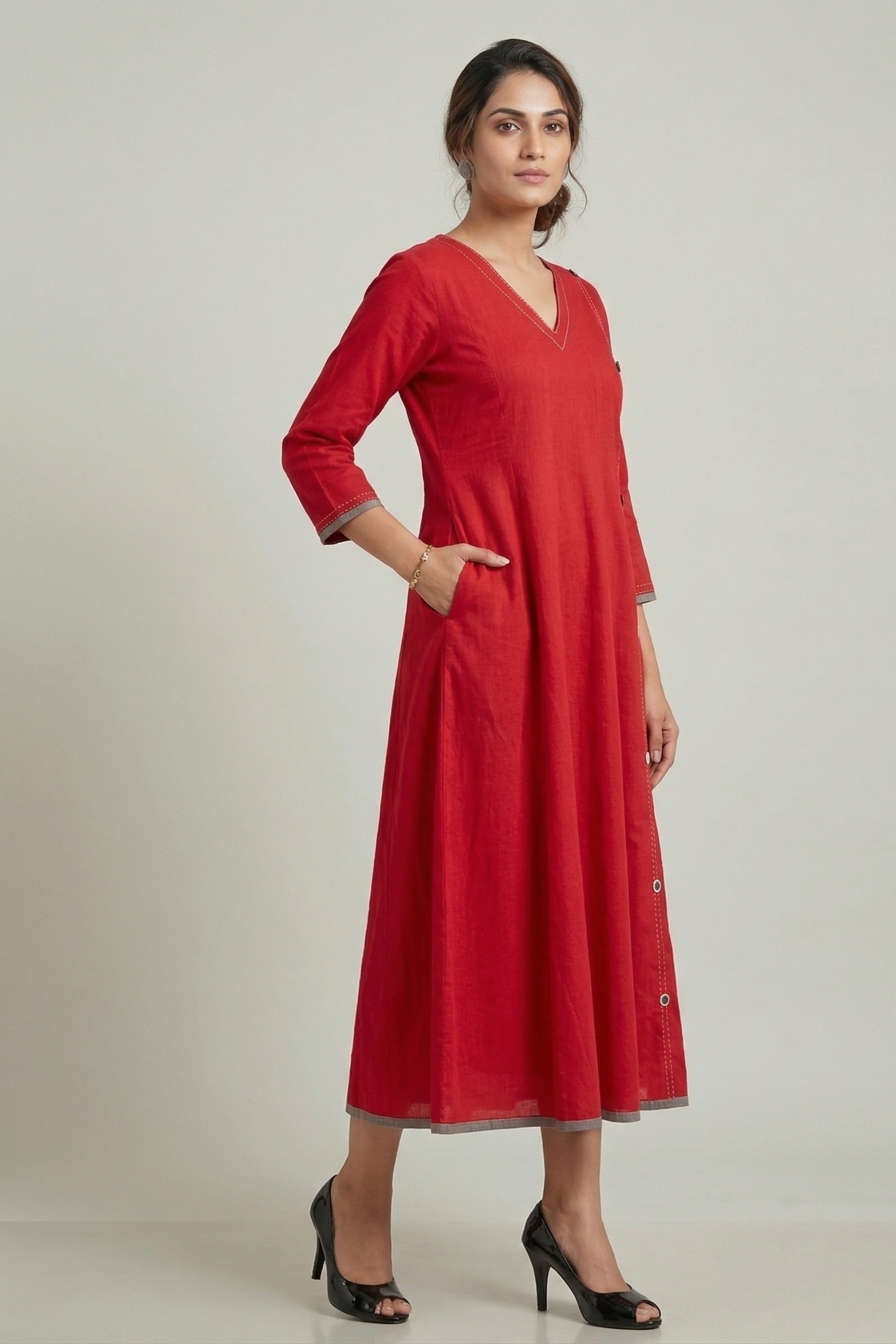 Cayenne Red Essence Cotton Long Maxi Dress With Sleeves