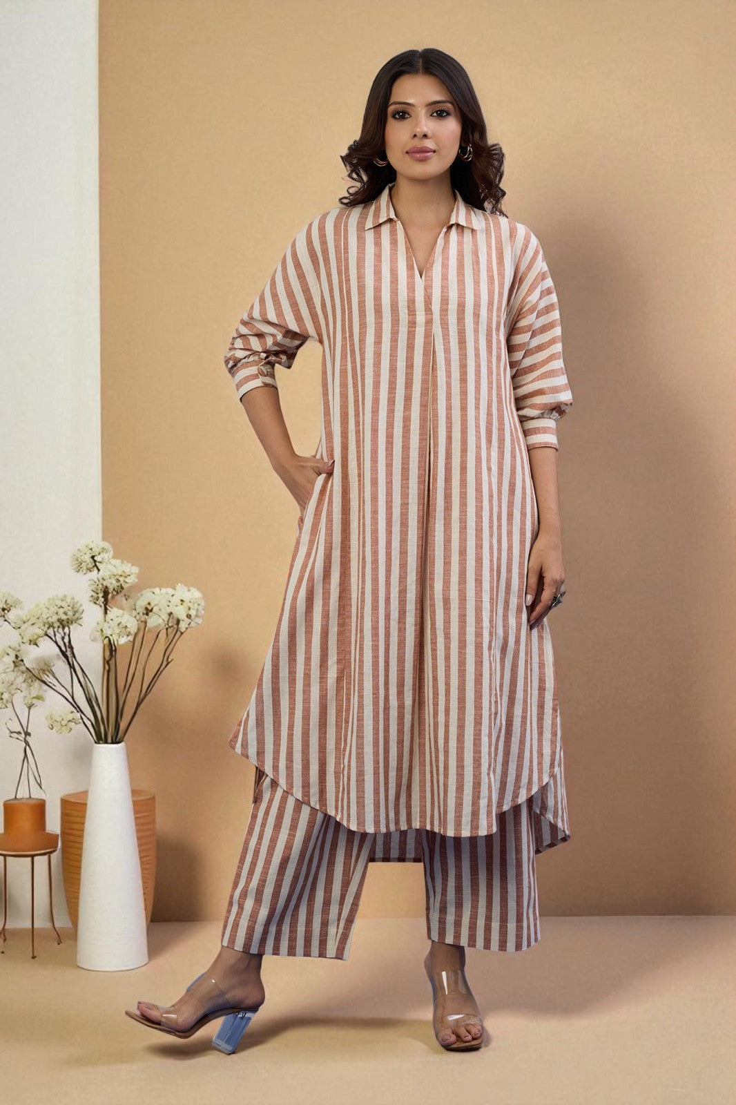 Co-ord Set Cocoa Trace Collar Box Pleat Kurta & Pants