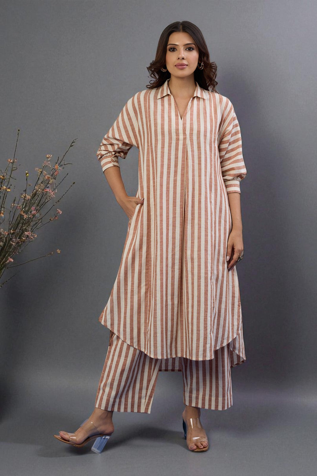 Co-ord Set Cocoa Trace Collar Box Pleat Kurta & Pants