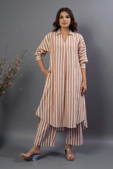 Co-ord Set Cocoa Trace Collar Box Pleat Kurta & Pants