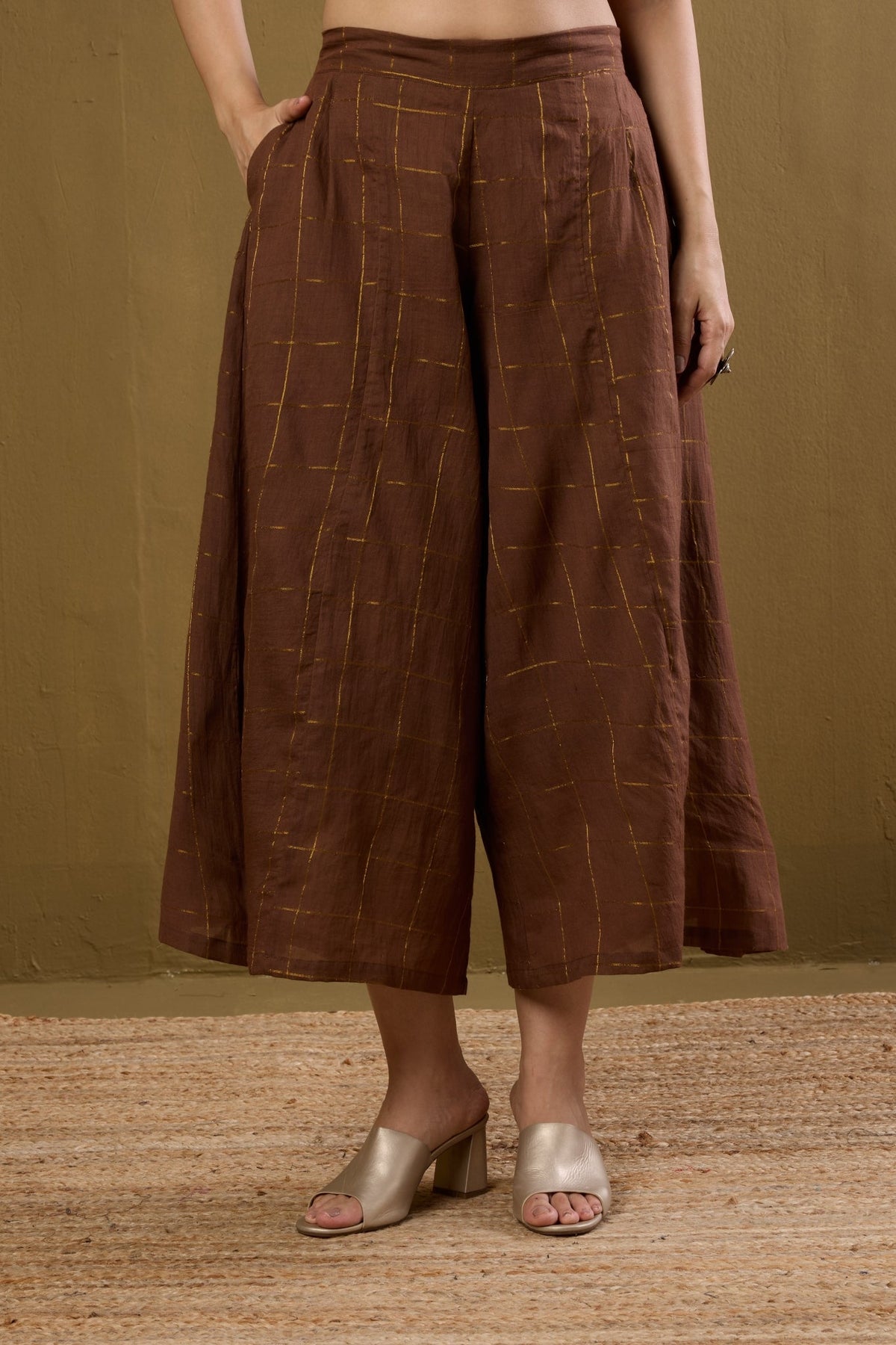 Box Pleated Culotte - Brown Gold Checks