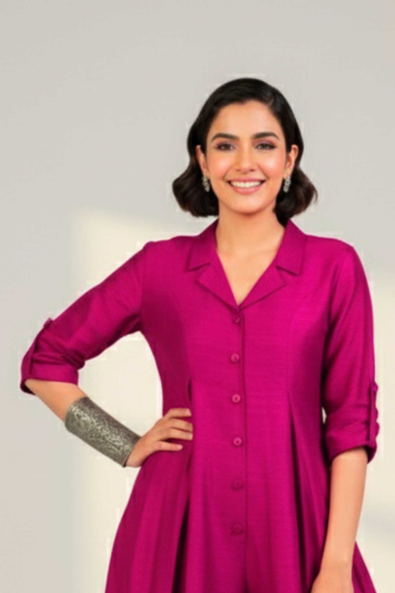 Fuchsia Flame Silk Slub Jumpsuit with Pockets & Collar