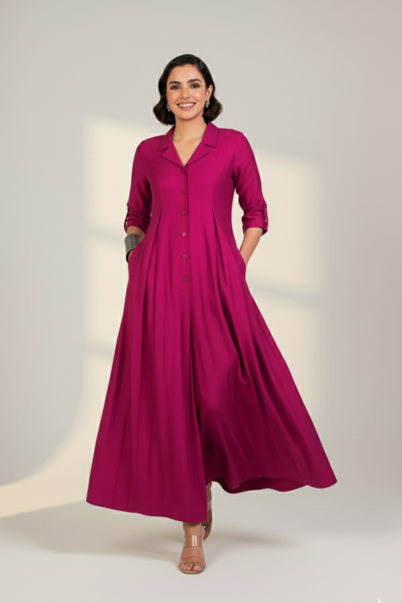 Fuchsia Flame Silk Slub Jumpsuit with Pockets & Collar