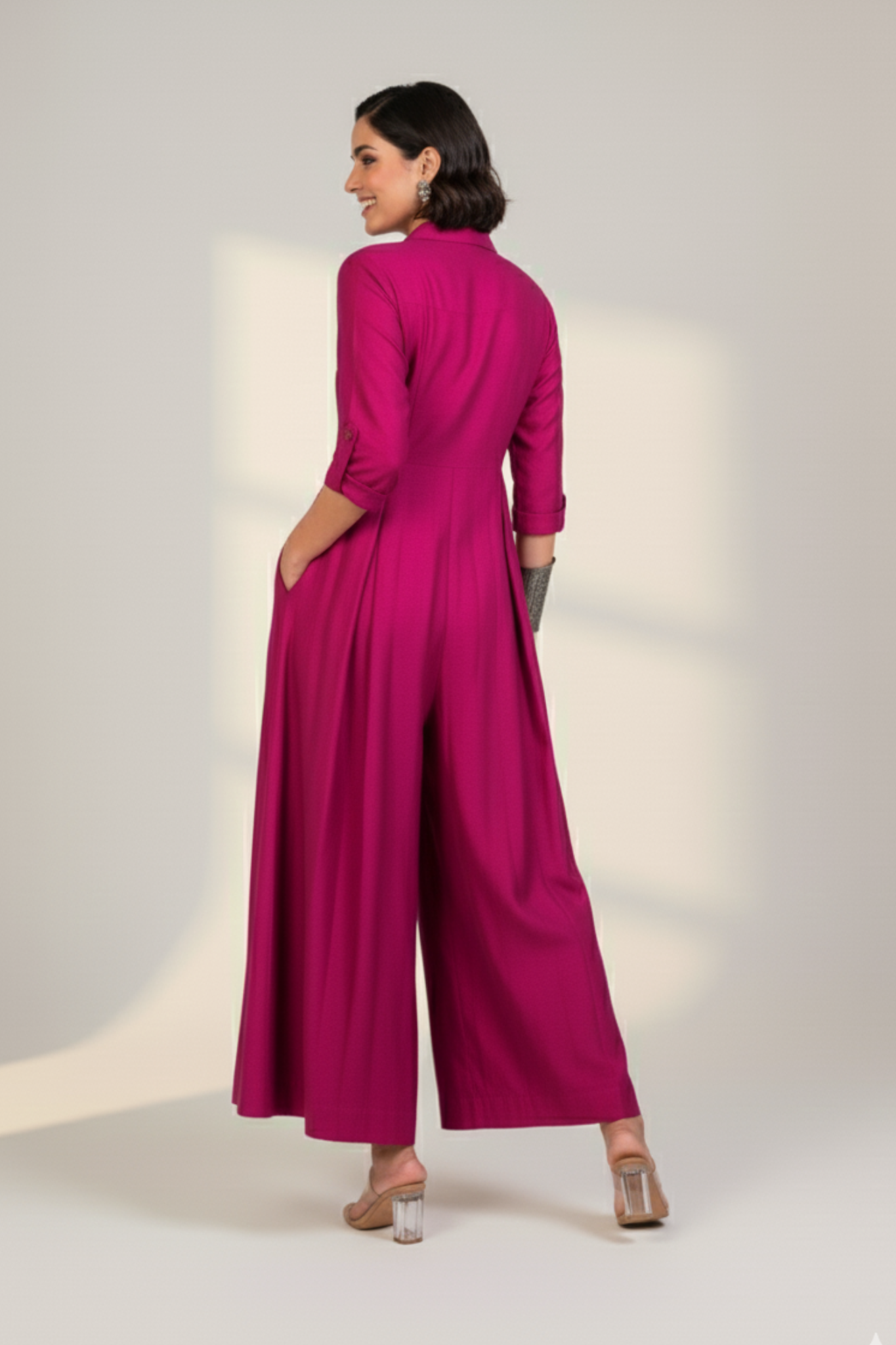 Fuchsia Flame Silk Slub Jumpsuit with Pockets & Collar