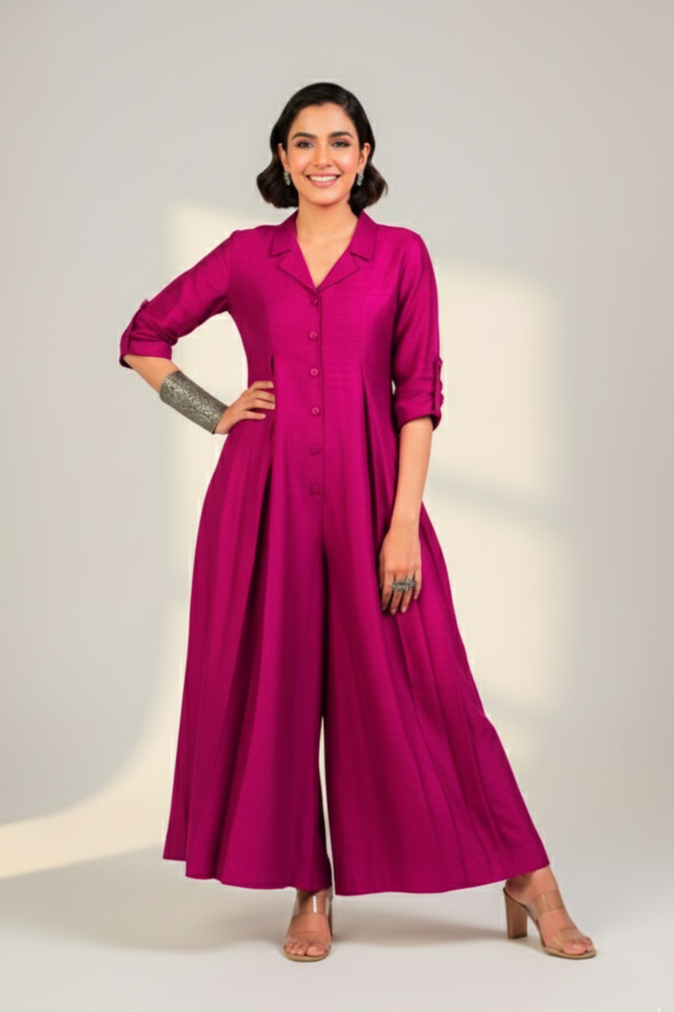 Fuchsia Flame Silk Slub Jumpsuit with Pockets & Collar