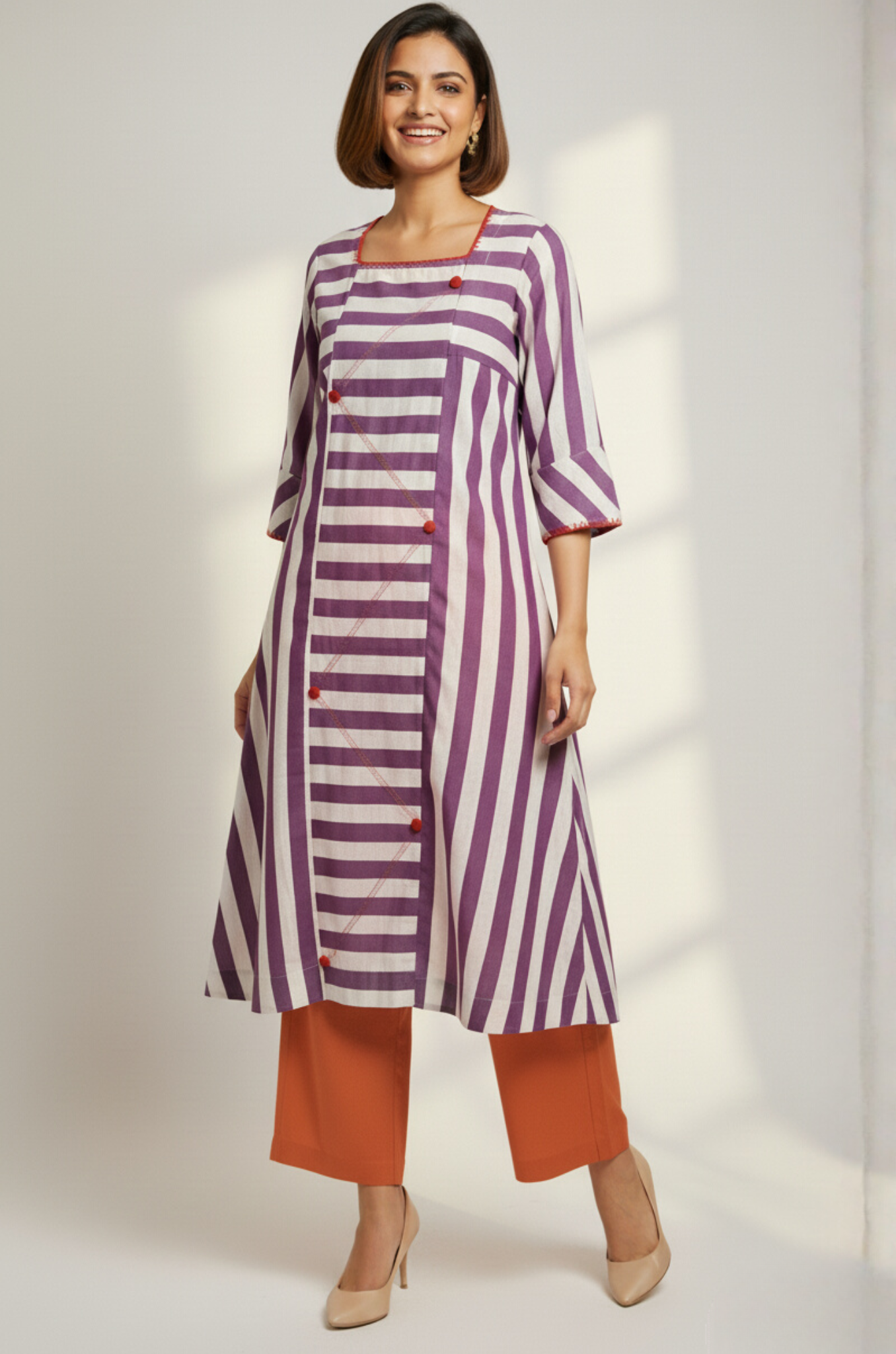 Lavender Stride Cotton Square Neck Panelled Long Kurta