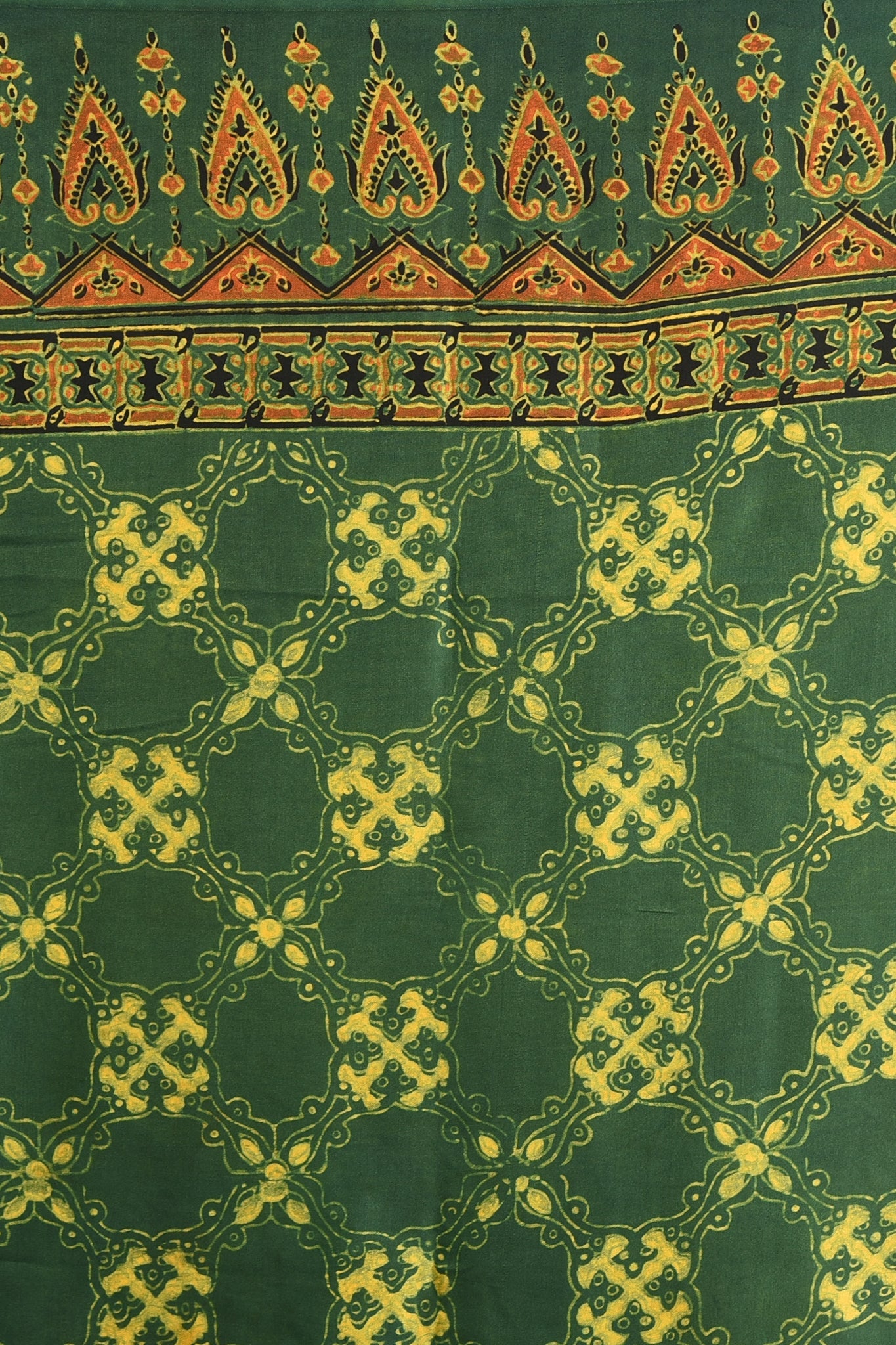 ajrakh modal silk sarees - glistening emerald & gold symphony