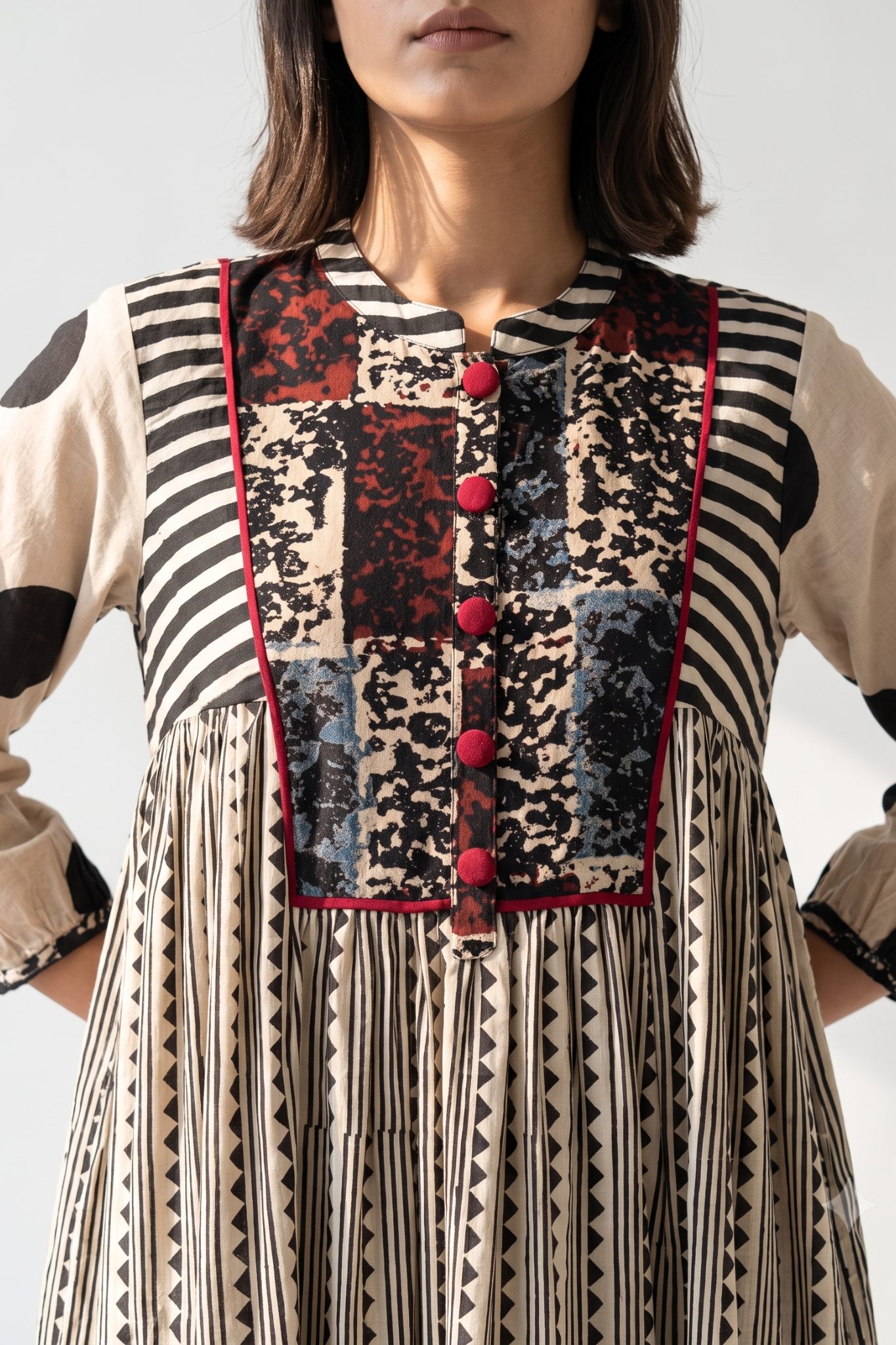 Black Dotlines Pattern Story Cotton Gather Dress with Yoke