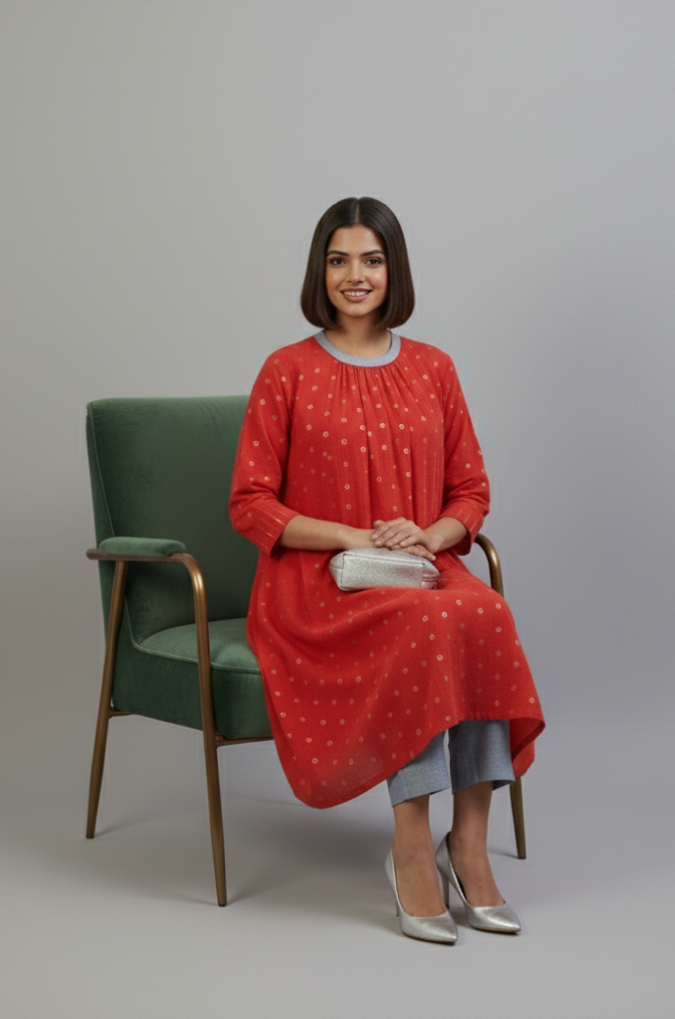 Crimson Spark Cotton Crew Neck Gather Dress