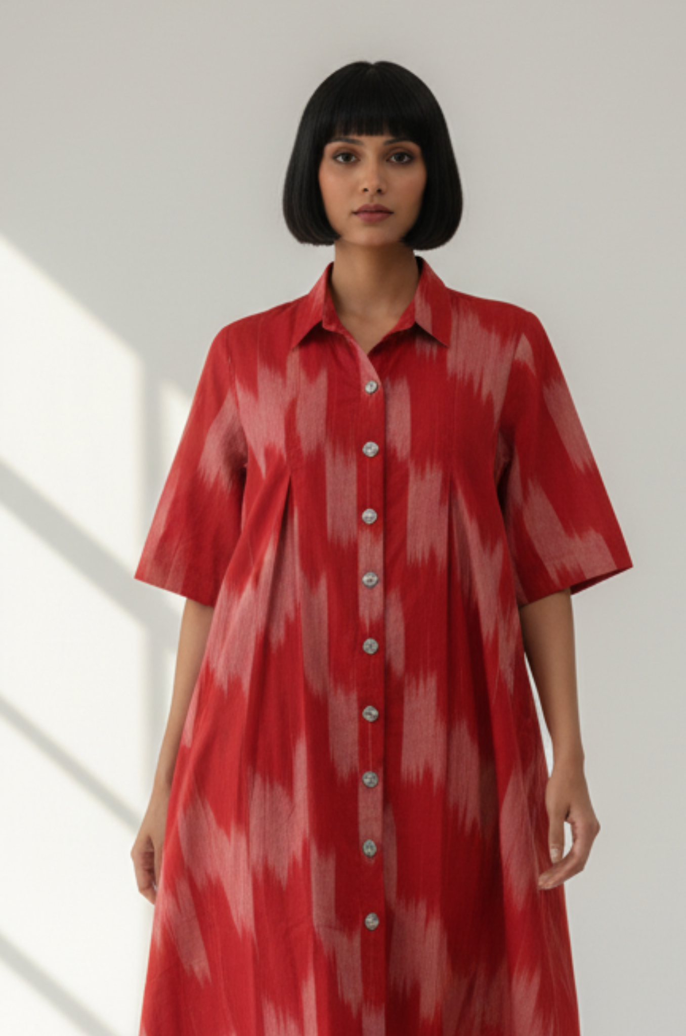 Ash Rose Cotton Ikat Box Pleat Button Down Shirt Dress
