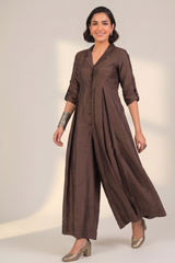 Coffee Bean Silk Slub Jumpsuit with Pockets & Collar