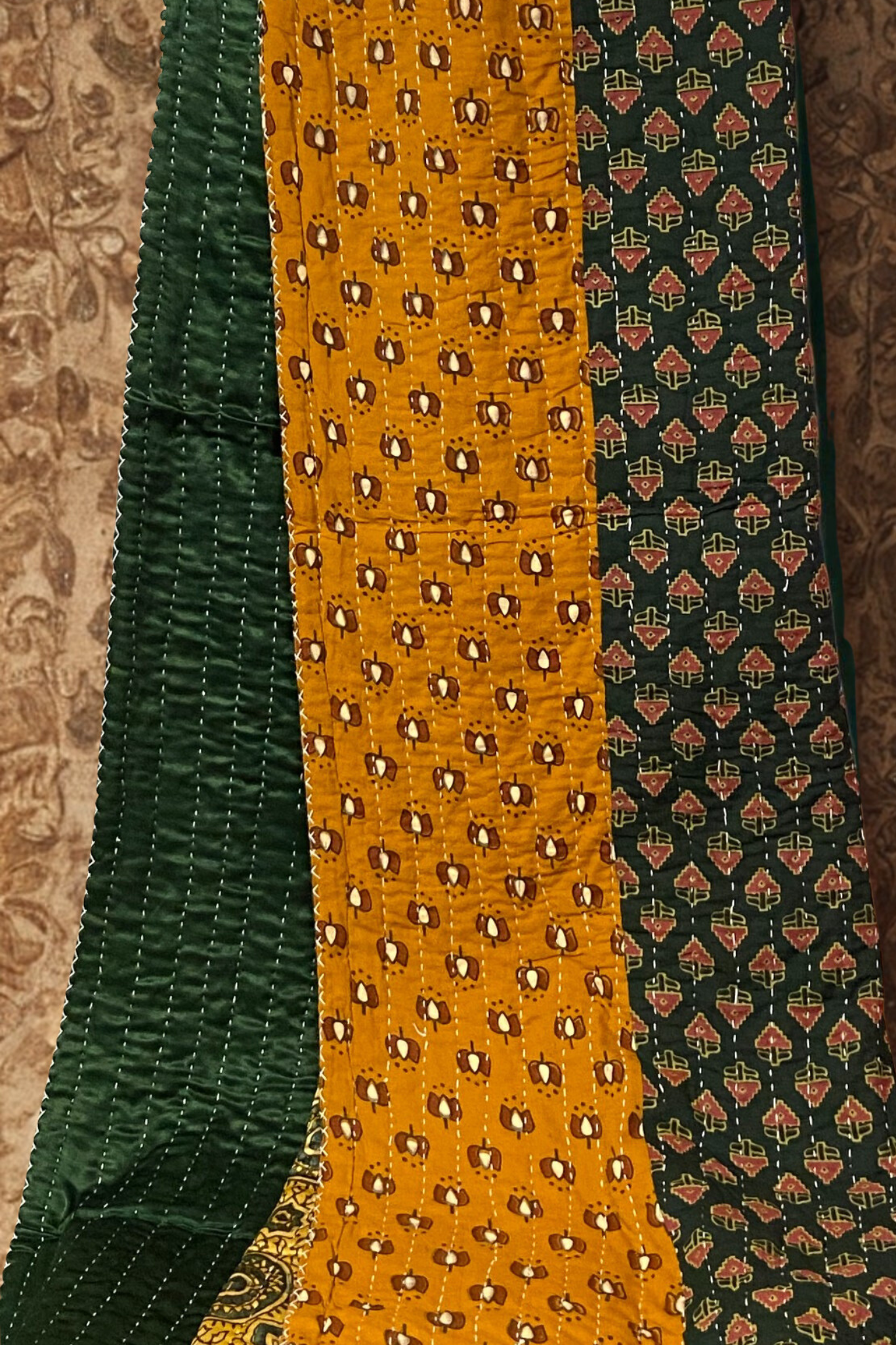 handcrafted mashroo single quilt with filler - green & sun kissed