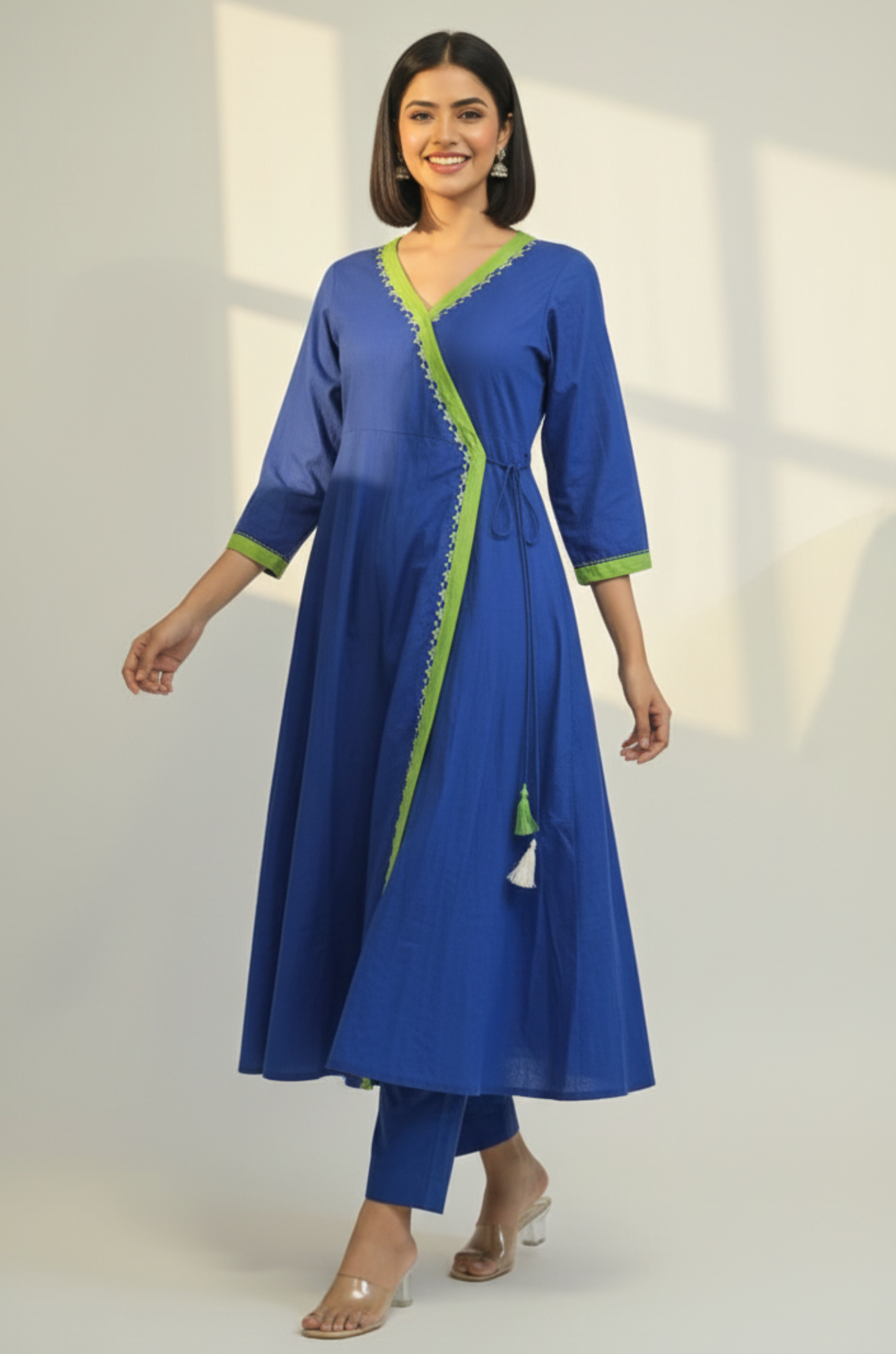 Lime Lagoon Tie-Up Cotton Angrakha Kurta
