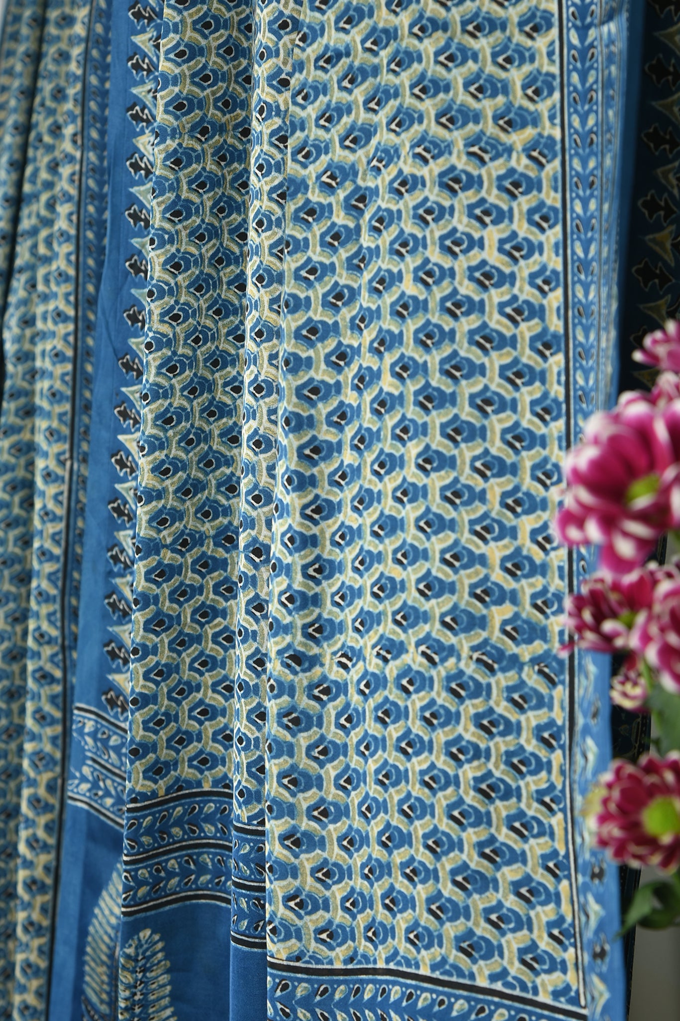 ajrakh modal silk sarees - mughal garden & indigo treasures
