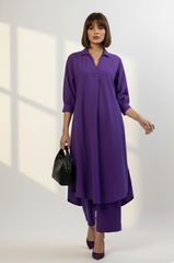 Co-ord Set Kurta and Pants - Violet Orchid Glow Cotton Collar Box Pleat Kurta & Pants