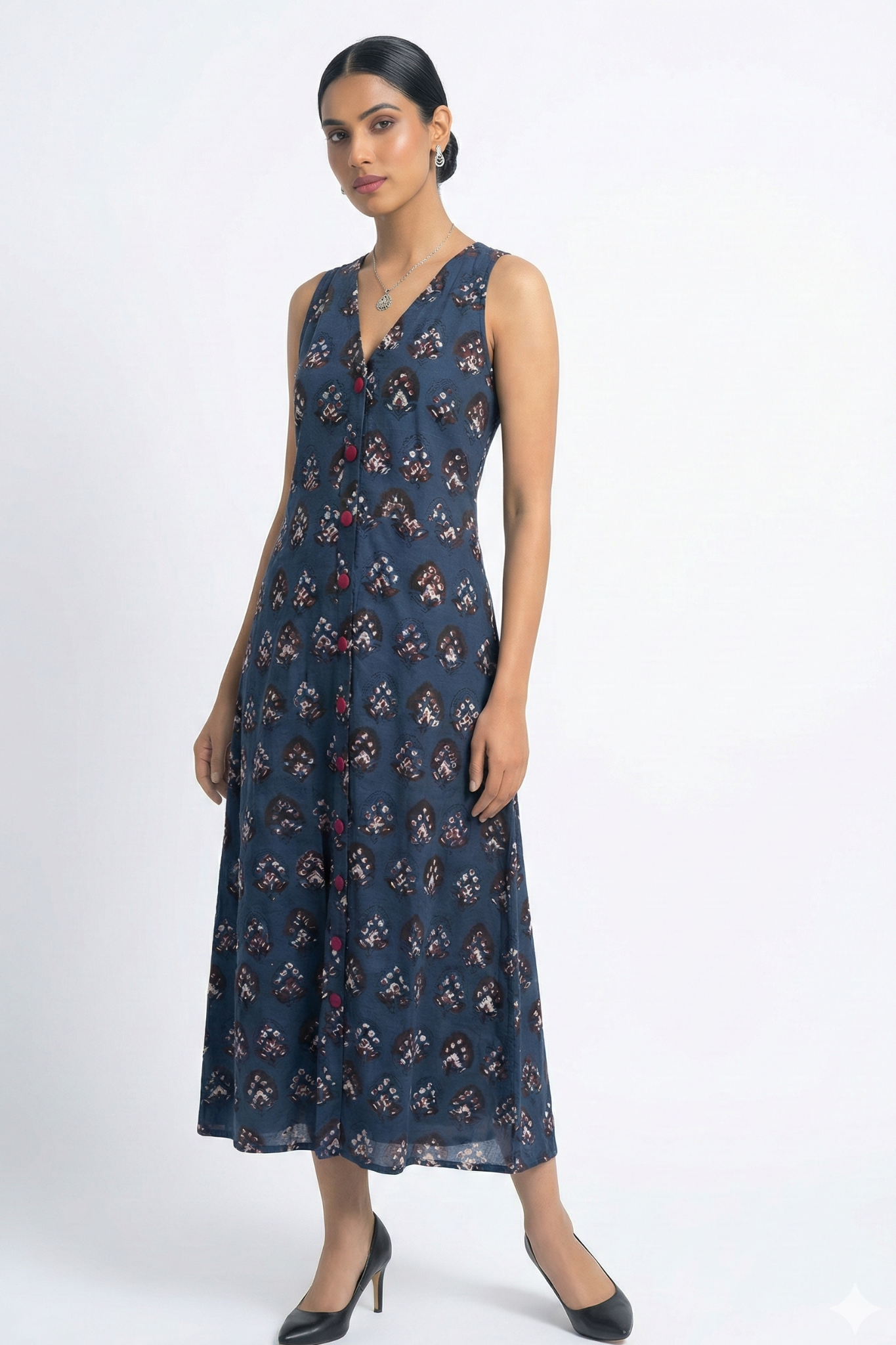 Indigo Muse V-neck Button Down Dress