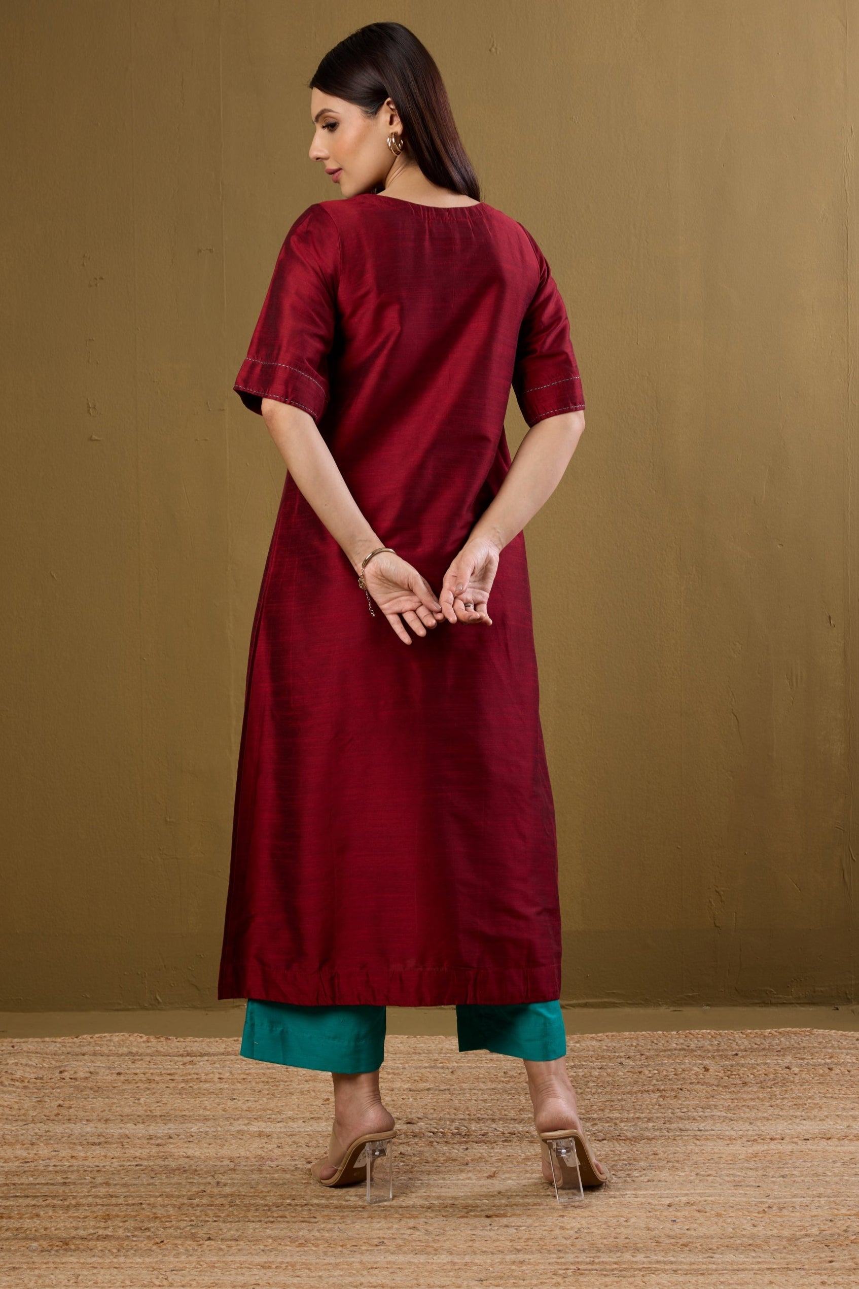Co-ord Set Ceremonial Maroon Side Silk Slub Button Adjustable Slit Kurta & Pants