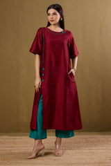 Co-ord Set Ceremonial Maroon Side Silk Slub Button Adjustable Slit Kurta & Pants