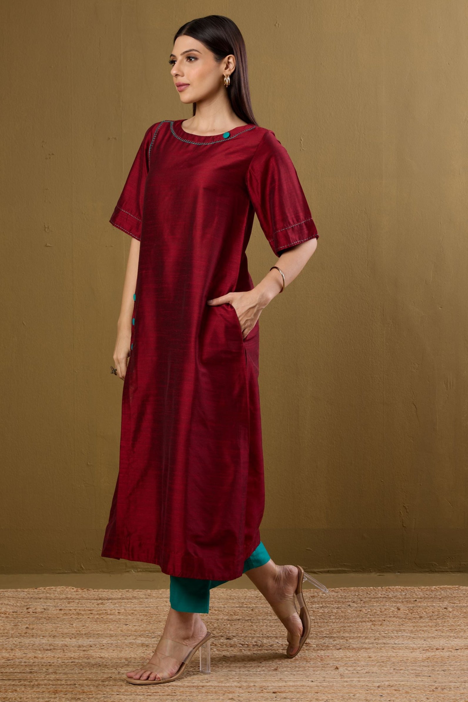 Co-ord Set Ceremonial Maroon Side Silk Slub Button Adjustable Slit Kurta & Pants