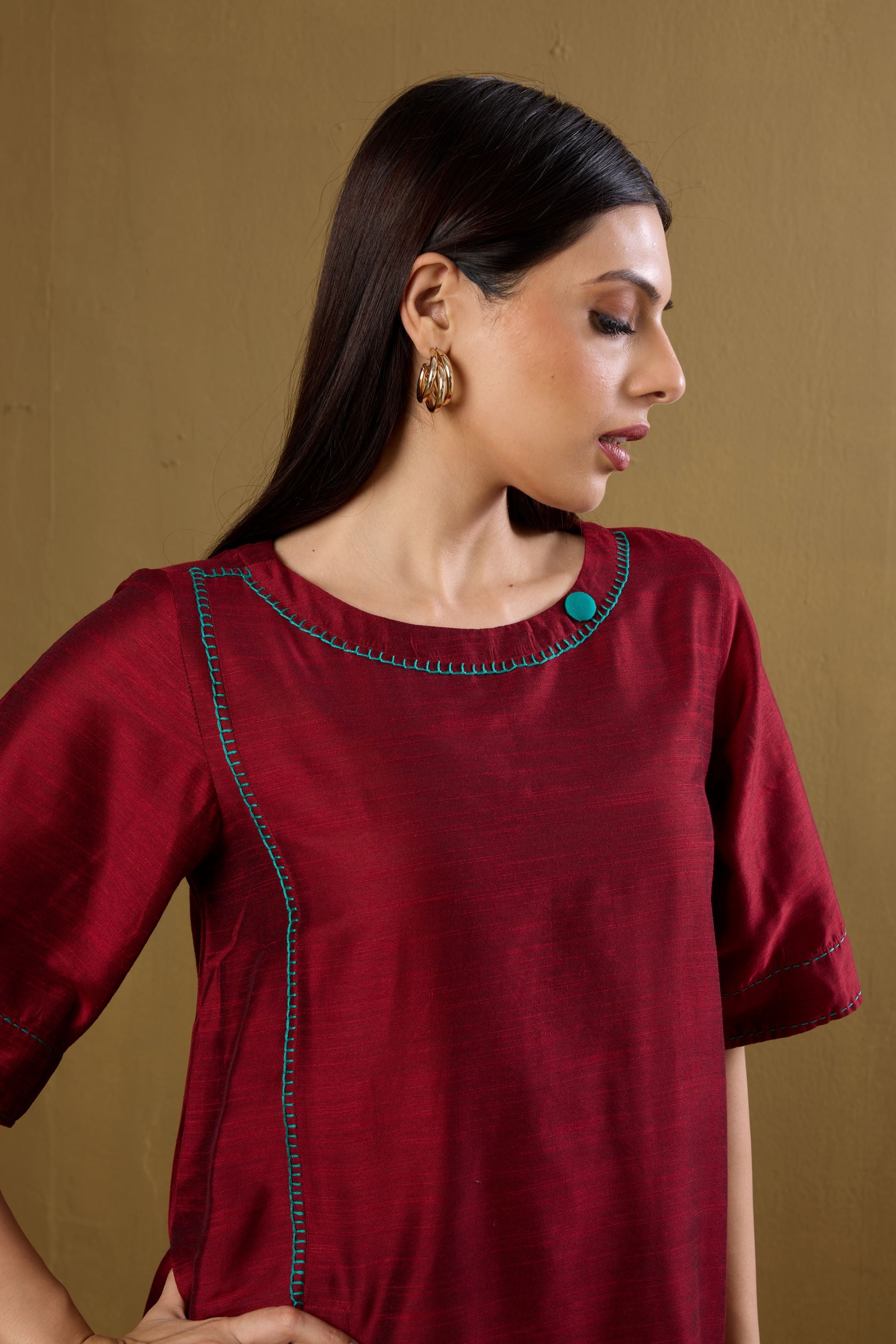 Co-ord Set Ceremonial Maroon Side Silk Slub Button Adjustable Slit Kurta & Pants