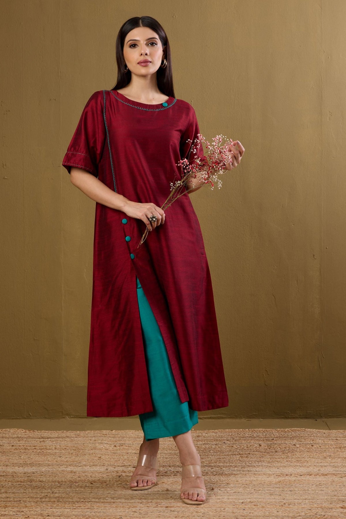 Co-ord Set Ceremonial Maroon Side Silk Slub Button Adjustable Slit Kurta & Pants