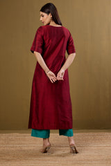 Co-ord Set Ceremonial Maroon Side Silk Slub Button Adjustable Slit Kurta & Pants