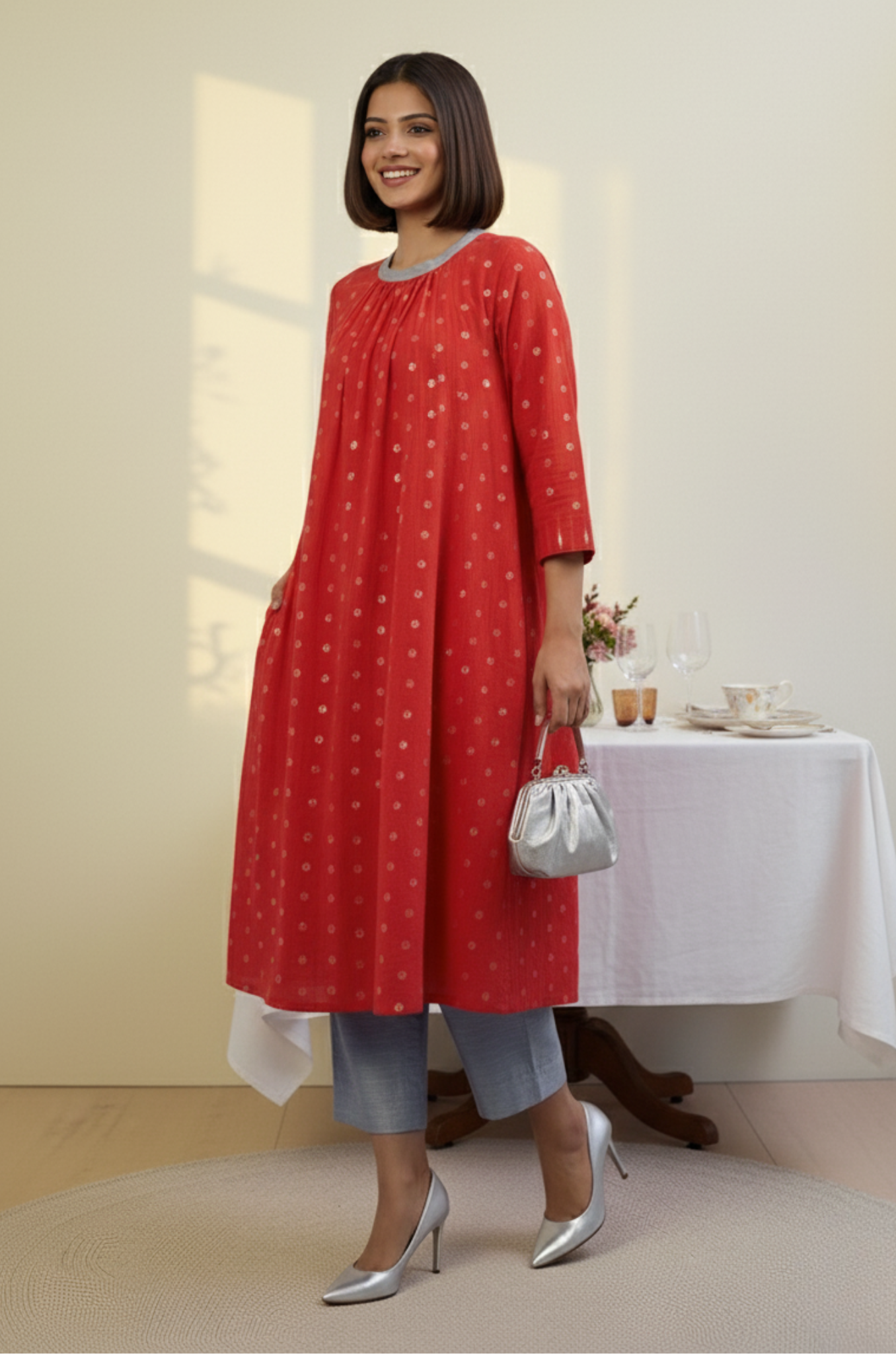 Crimson Spark Cotton Crew Neck Gather Dress
