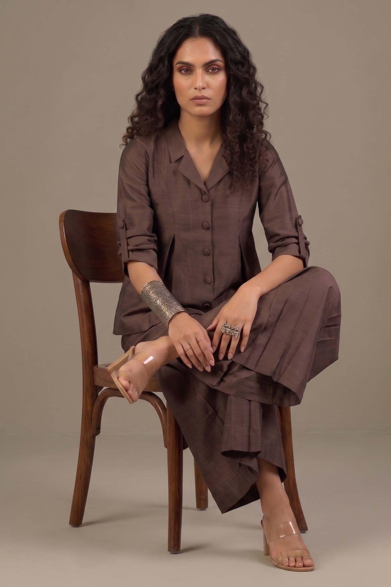 Coffee Bean Silk Slub Jumpsuit with Pockets & Collar