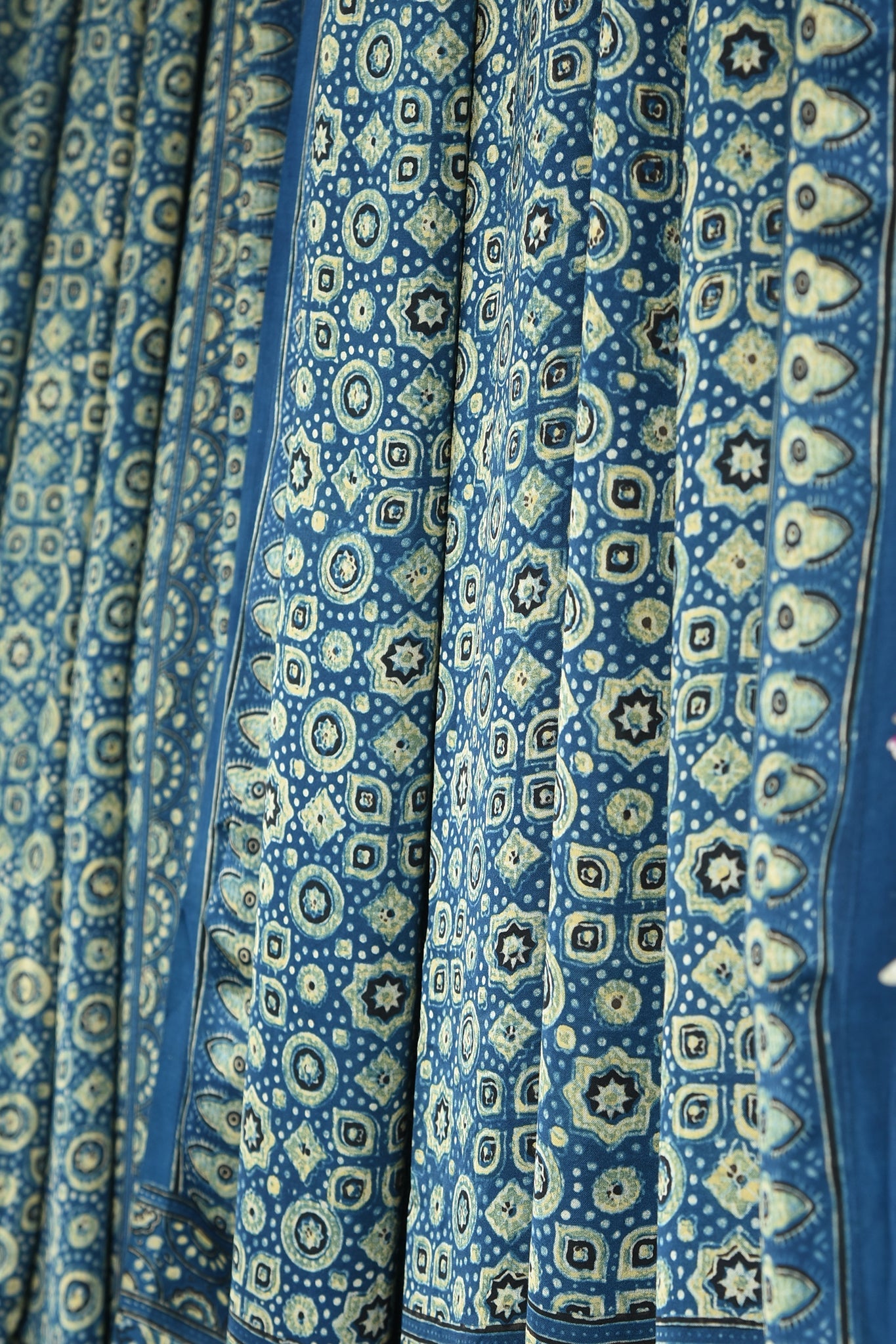 ajrakh modal silk sarees - azure twilight & gold hues