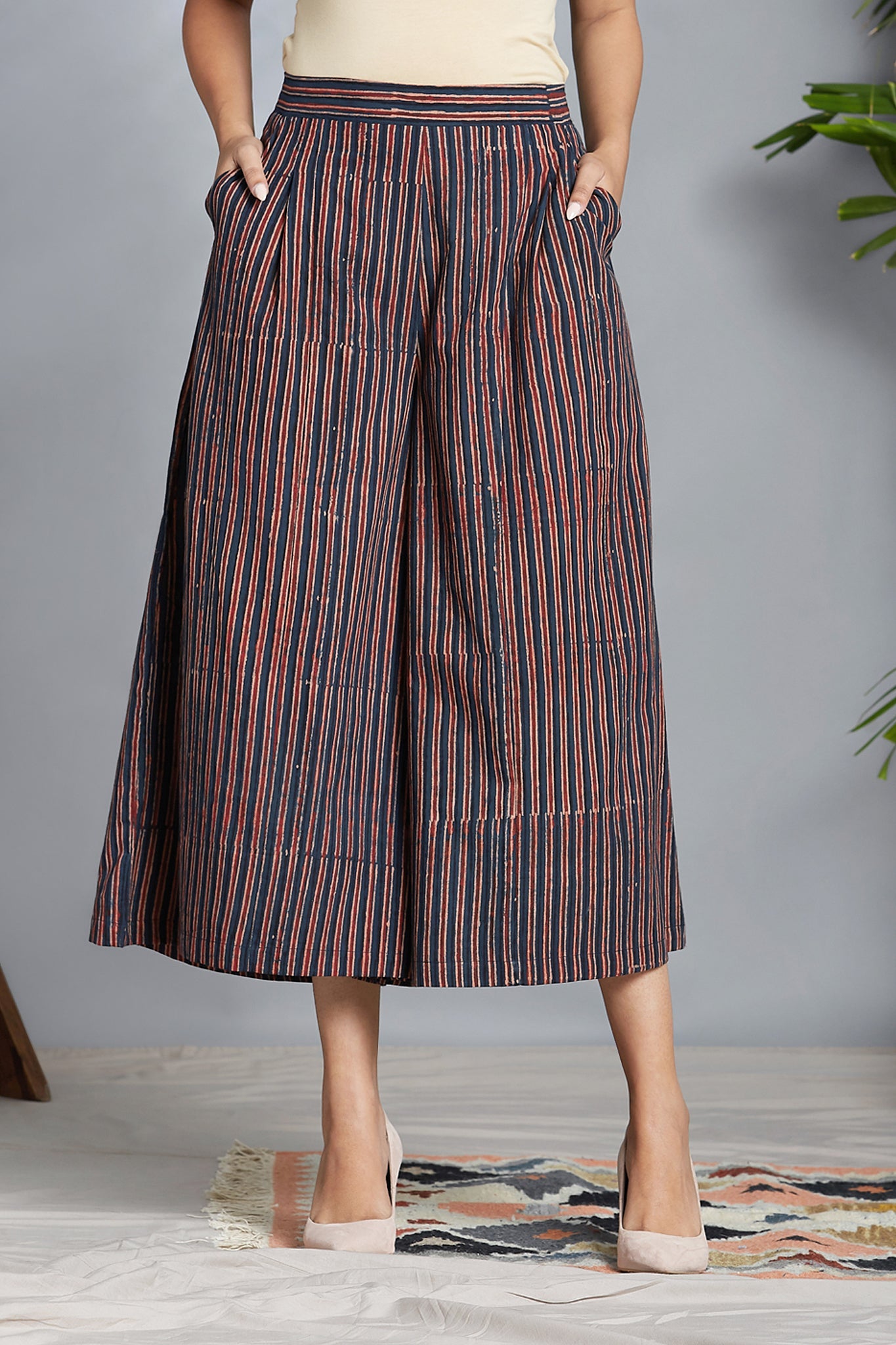 box pleated culotte - indigo madder lines