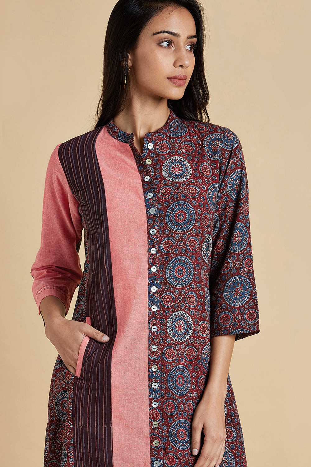 button down kurta - coral haze & riyal