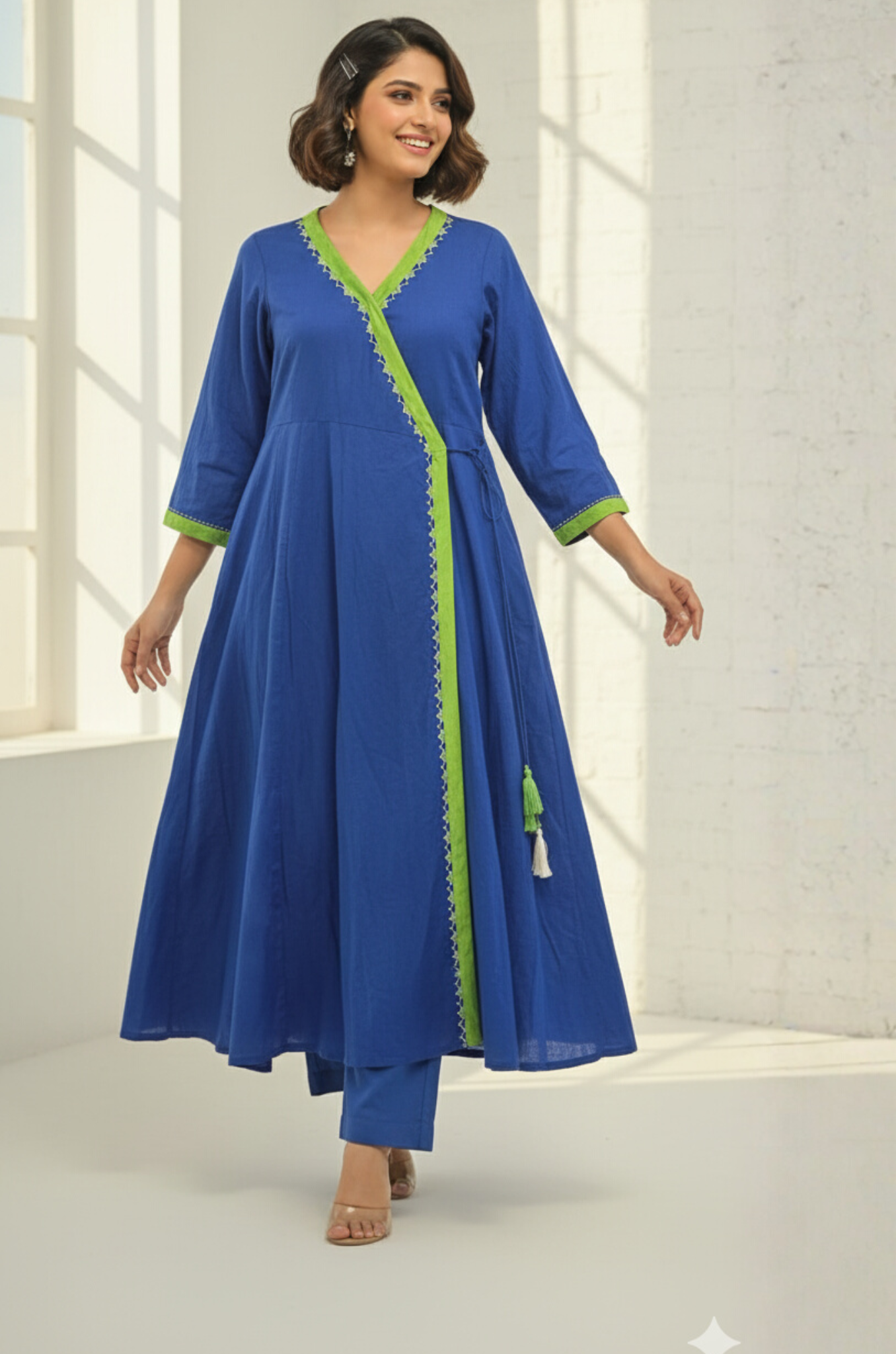 Lime Lagoon Tie-Up Cotton Angrakha Kurta
