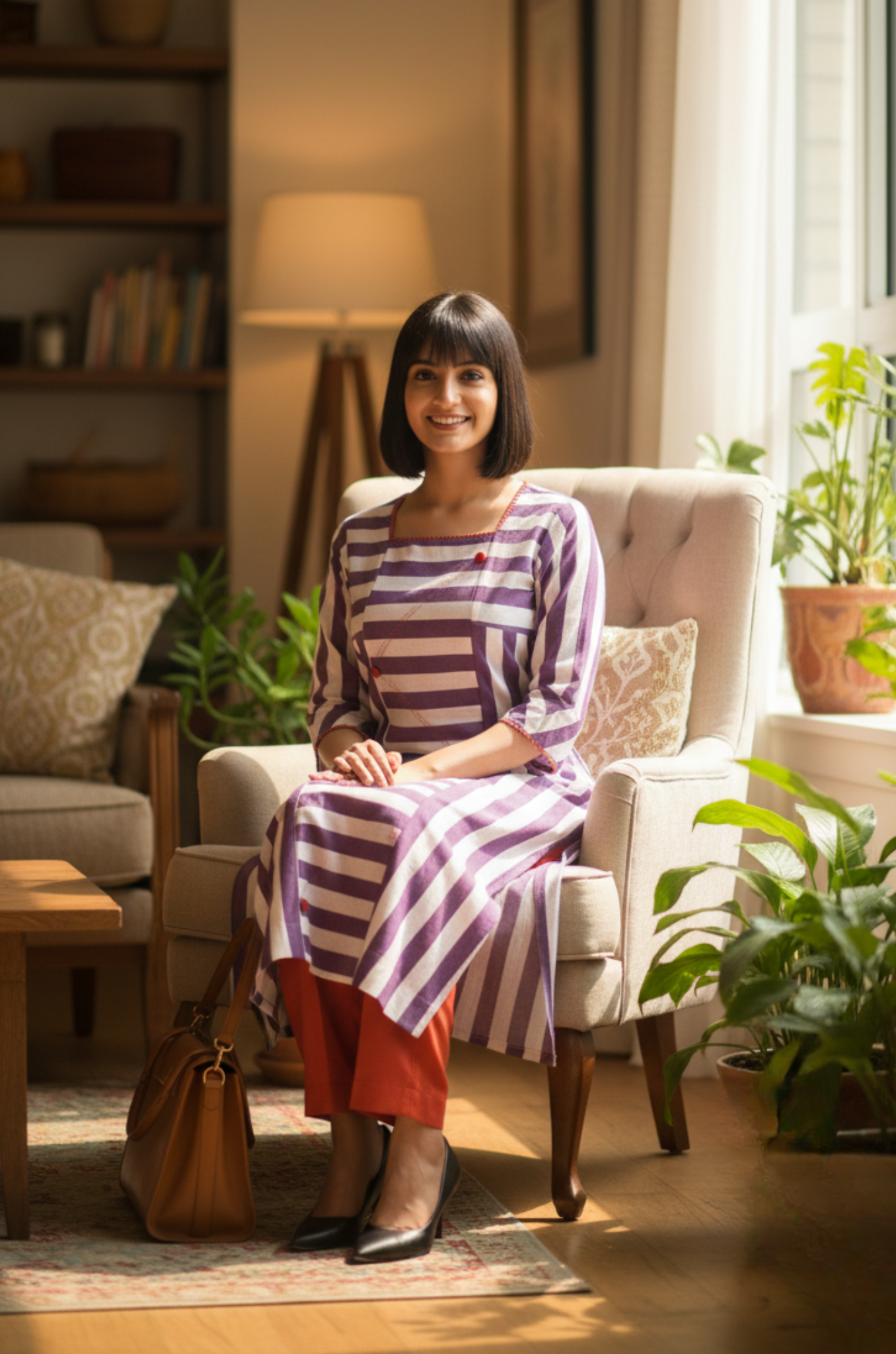 Lavender Stride Cotton Square Neck Panelled Long Kurta