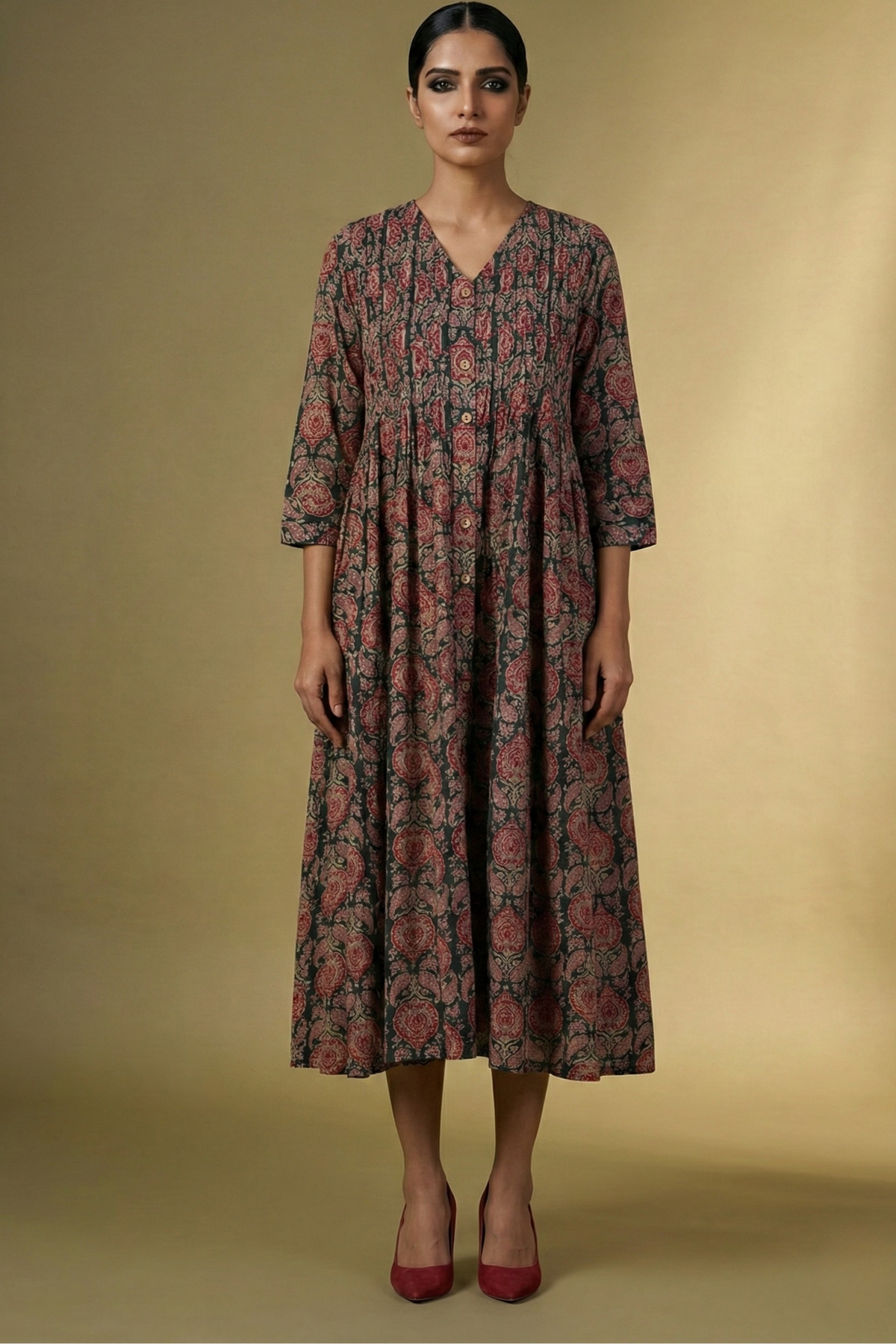 Emerald Garden & Scarlet Petals V-neck Infinity Pintuck Dress