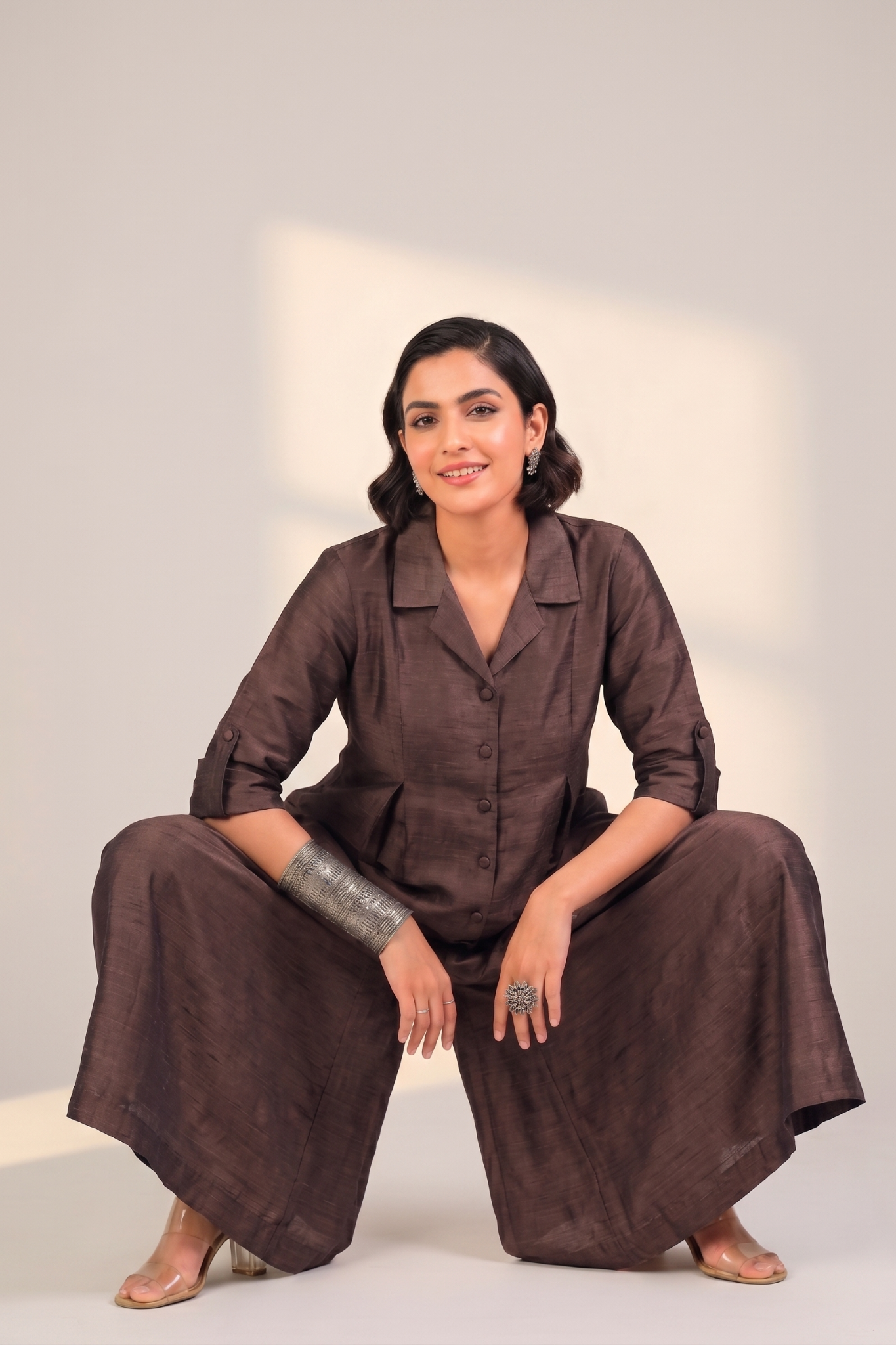 Coffee Bean Silk Slub Jumpsuit with Pockets & Collar