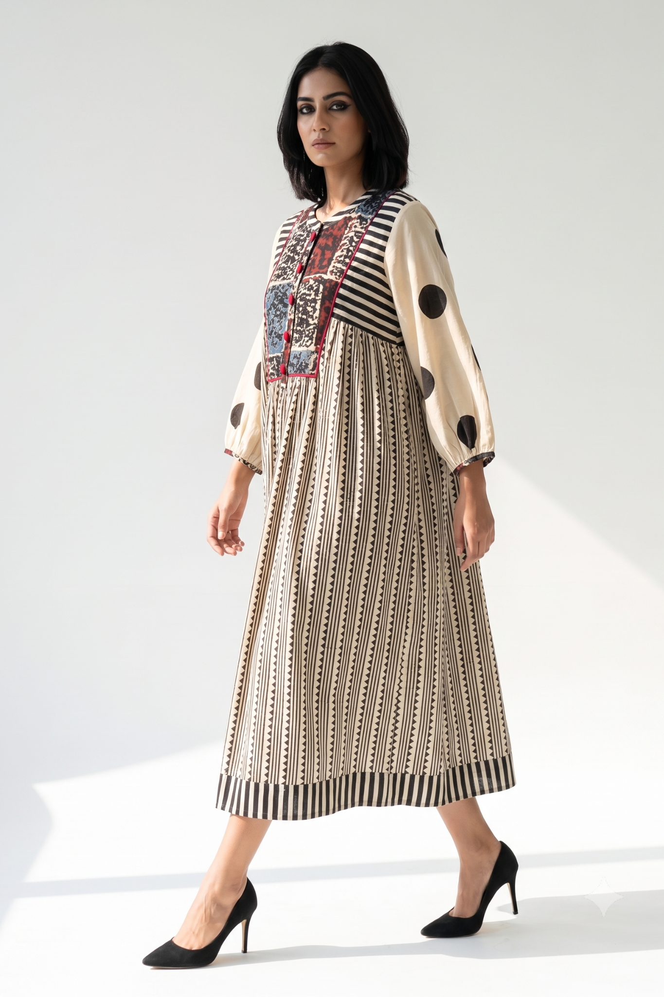 Black Dotlines Pattern Story Cotton Gather Dress with Yoke