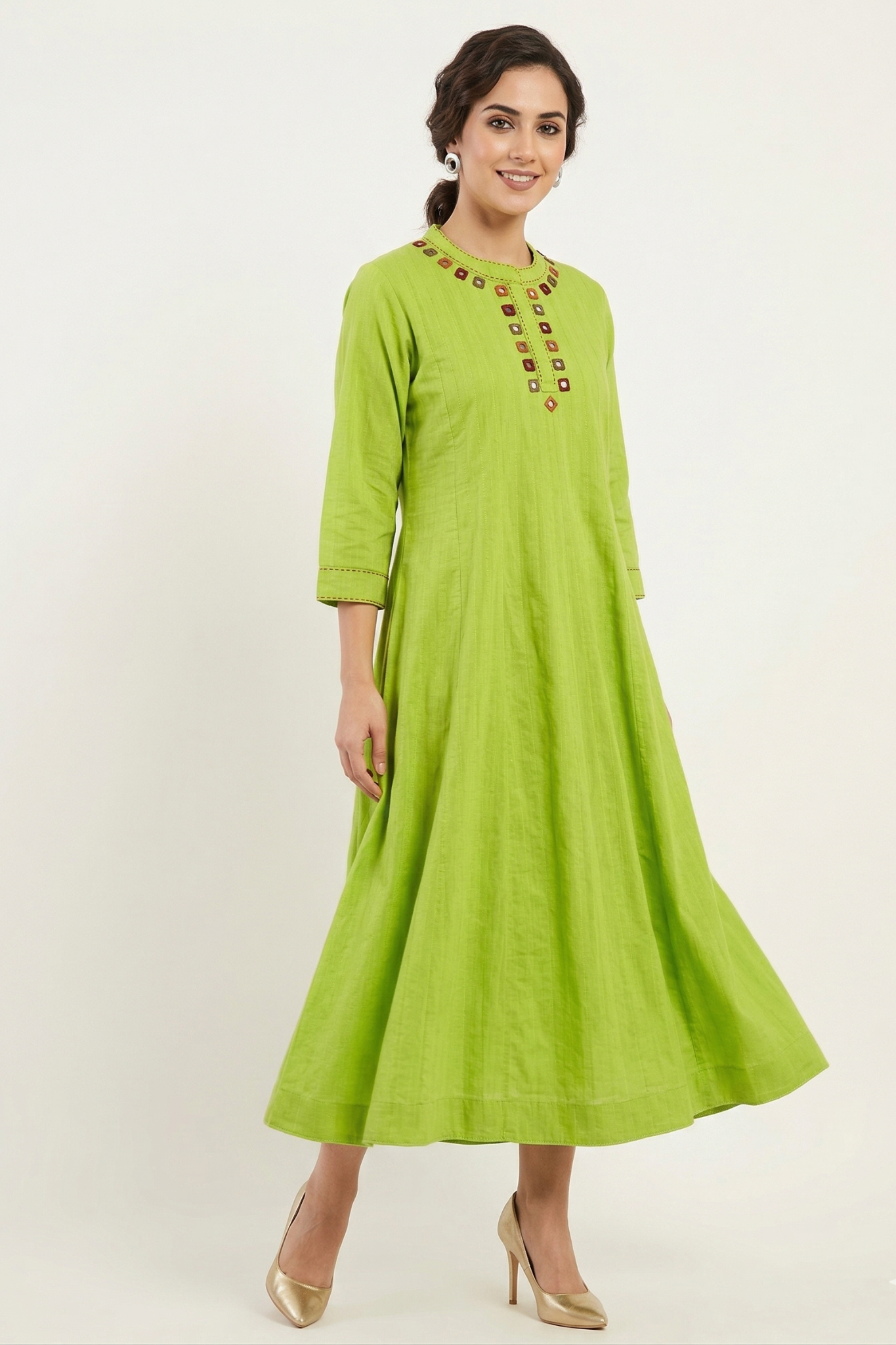 Kairi Bloom Cotton Stand Collar Pintuck Yoke Anarkali