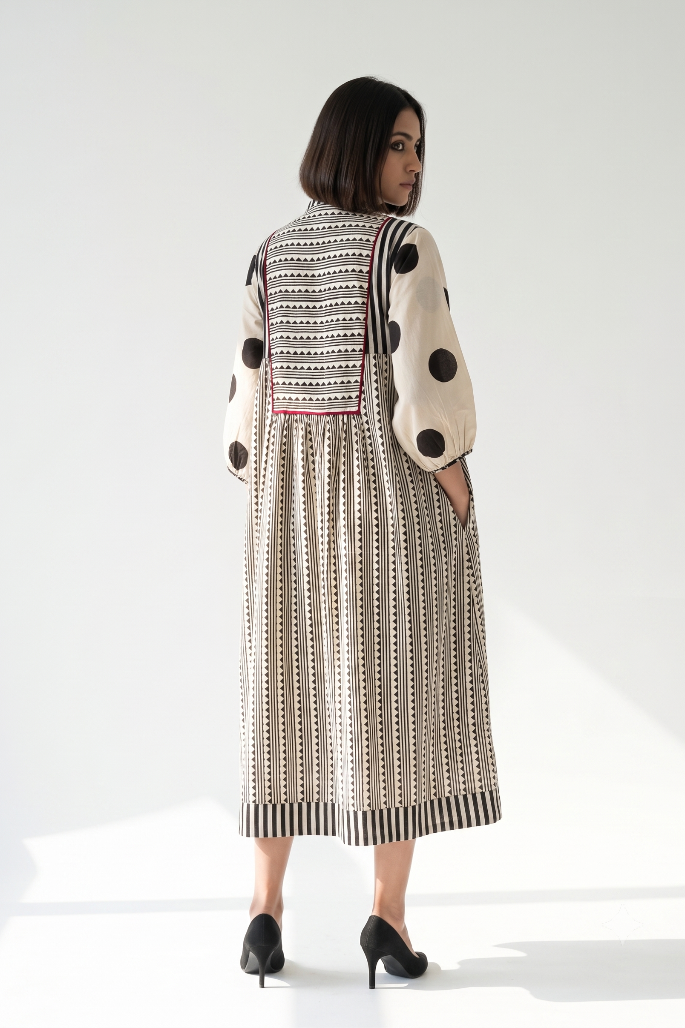 Black Dotlines Pattern Story Cotton Gather Dress with Yoke