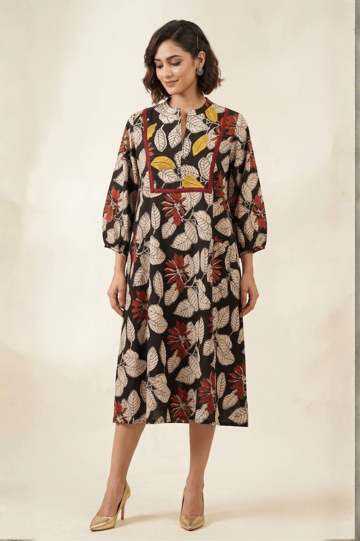Black Flora Cotton Dress With Patch Pocket