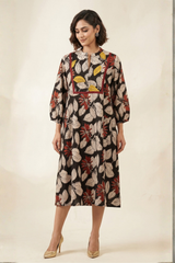 Black Flora Cotton Dress With Patch Pocket