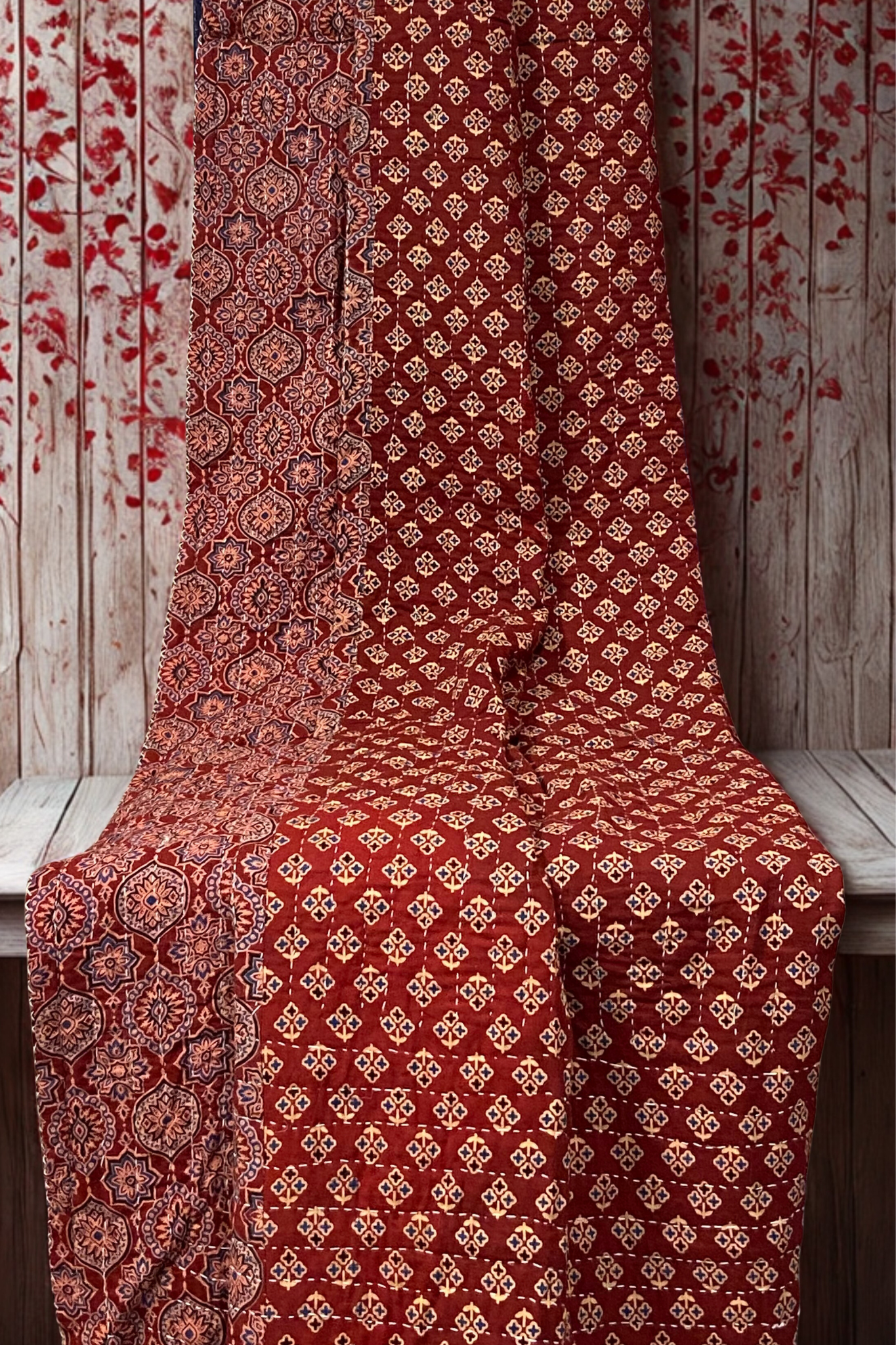 handcrafted reversible mashroo double quilt with filler - Scarlet & Lotus Bloom